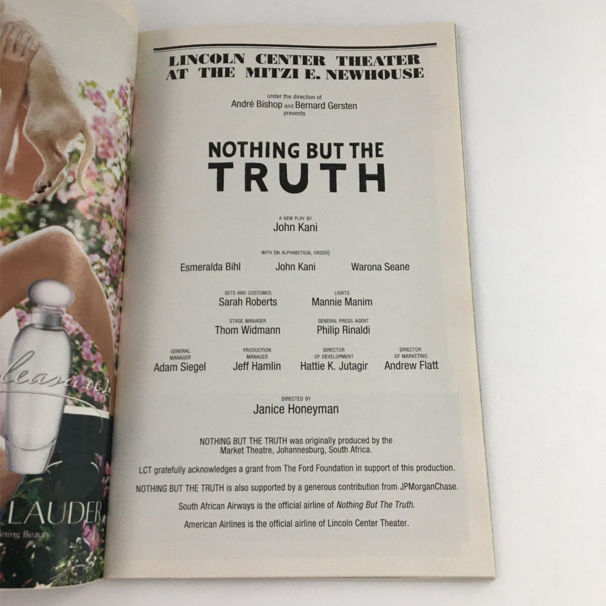Inside page of the 2003 Playbill for Nothing but the Truth listing cast and crew members, showcasing the artistic team behind the Lincoln Center Theater production.