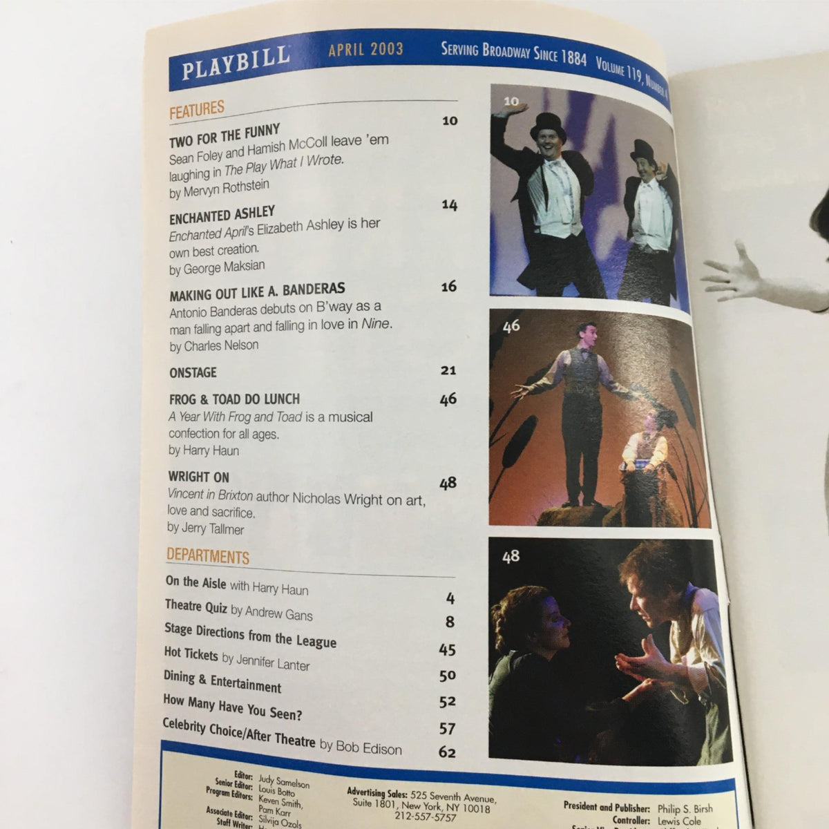 Inside pages of the 2003 Playbill for Enchanted April highlighting features and articles, showcasing the production's cast and creative team.