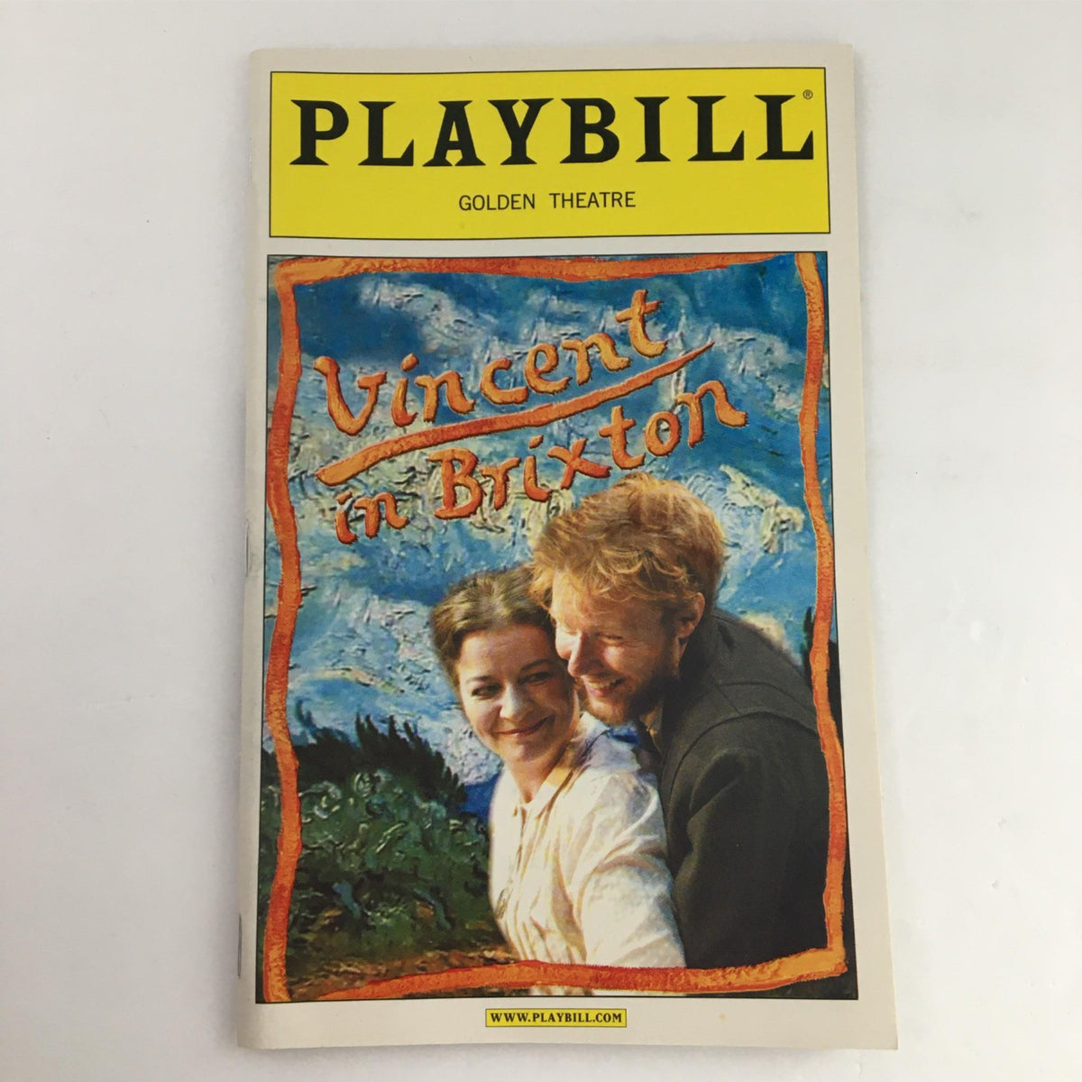 Cover of the 2003 Playbill for 'Vincent in Brixton' featuring a beautiful artwork background and actors portrait at the Golden Theatre.