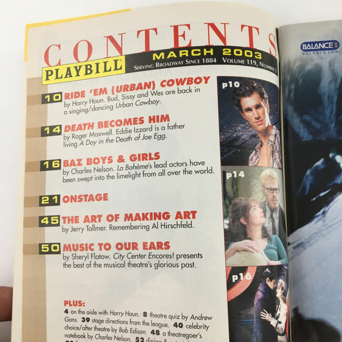 Contents page of the March 2003 Playbill including articles related to 'Vincent in Brixton' and other productions.