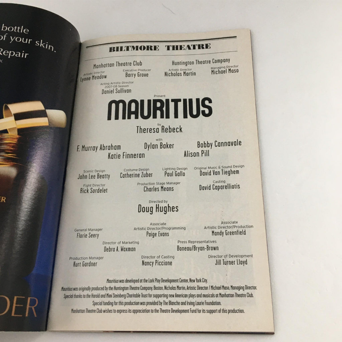 2007 Playbill for Mauritius by Manhattan Theatre Club showcasing the cast and crew, featuring the playwright Theresa Rebeck, at the Biltmore Theatre.