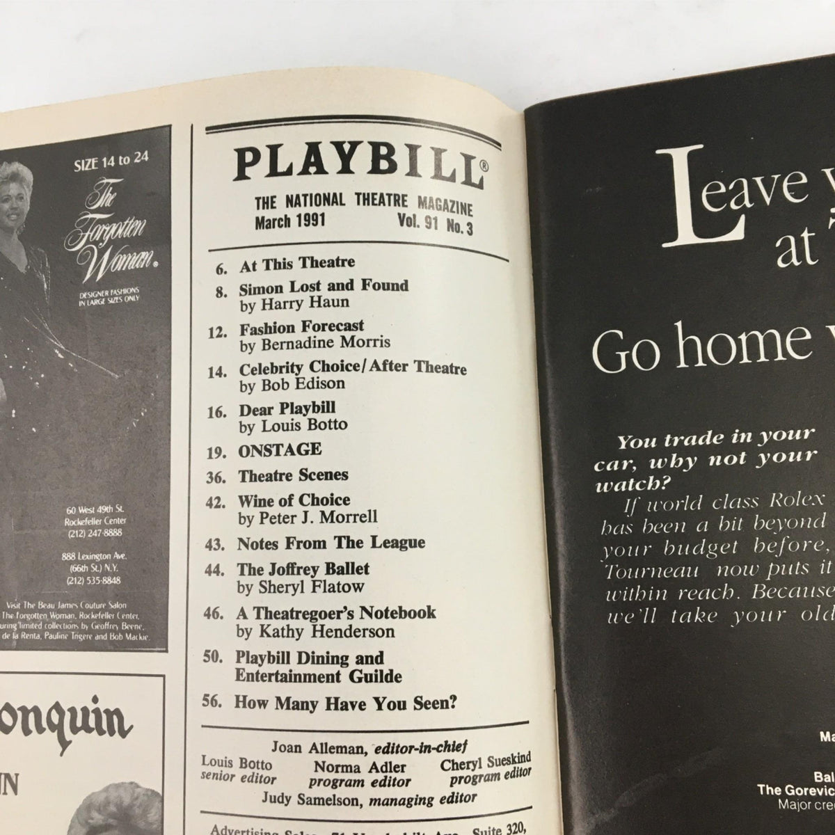 Interior page of the 1991 Playbill for The Speed of Darkness, featuring a contents section with other theatrical shows and articles.