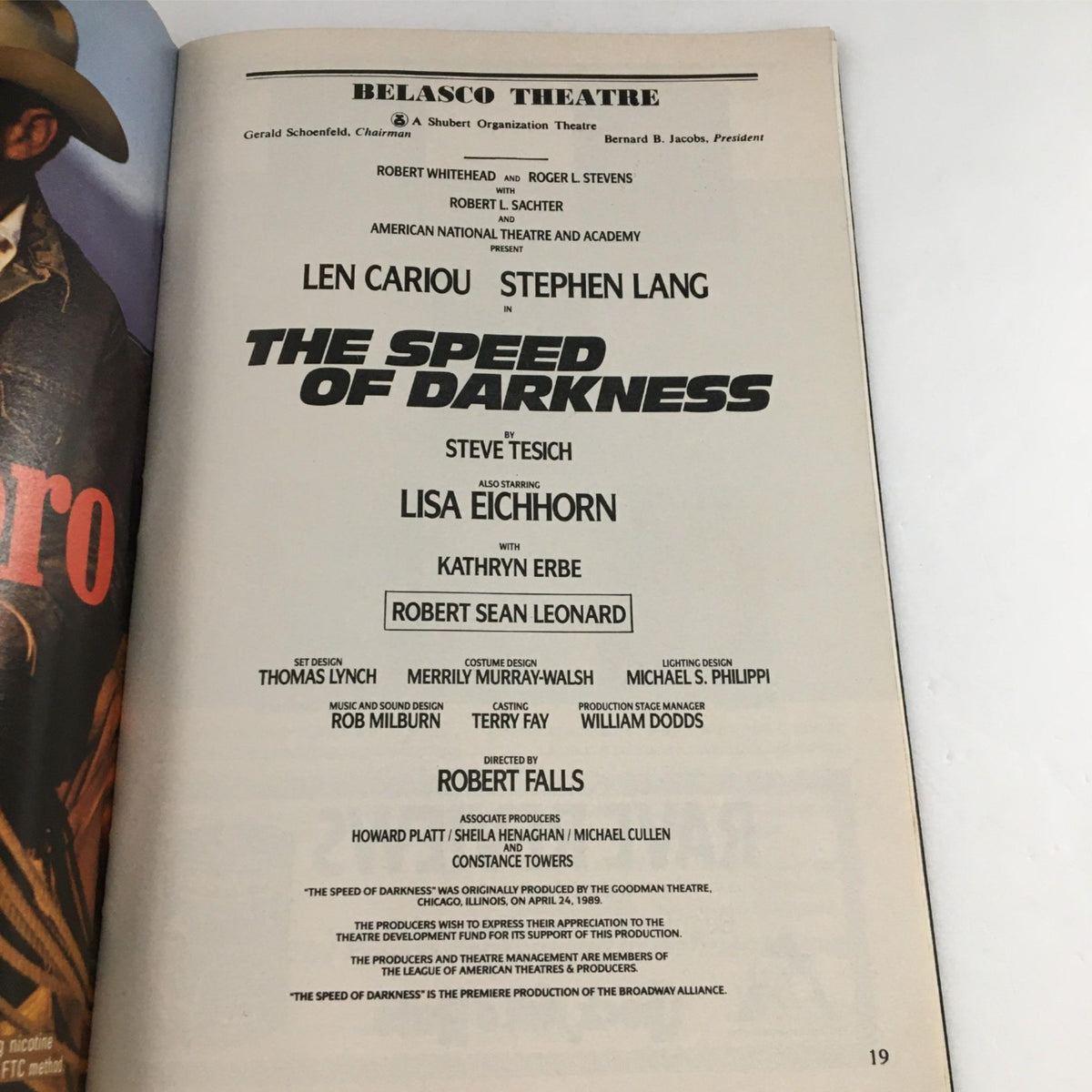 Cast list page from the 1991 Playbill for The Speed of Darkness, highlighting key actors and production details.