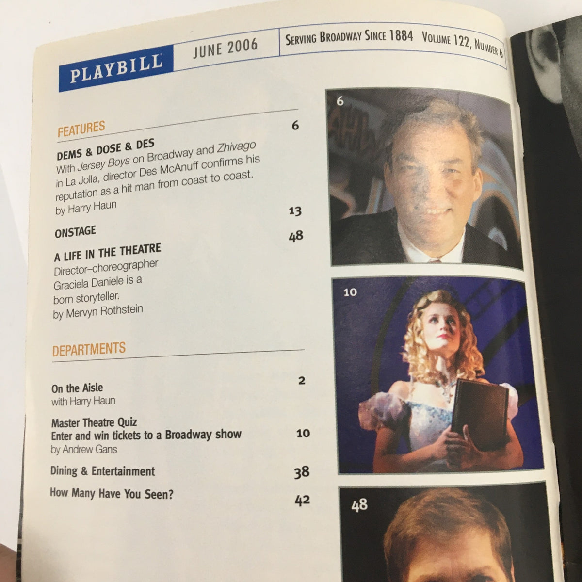 Interior page of the 2006 Playbill for 'The Water's Edge' showcasing features and articles related to Broadway and theater.