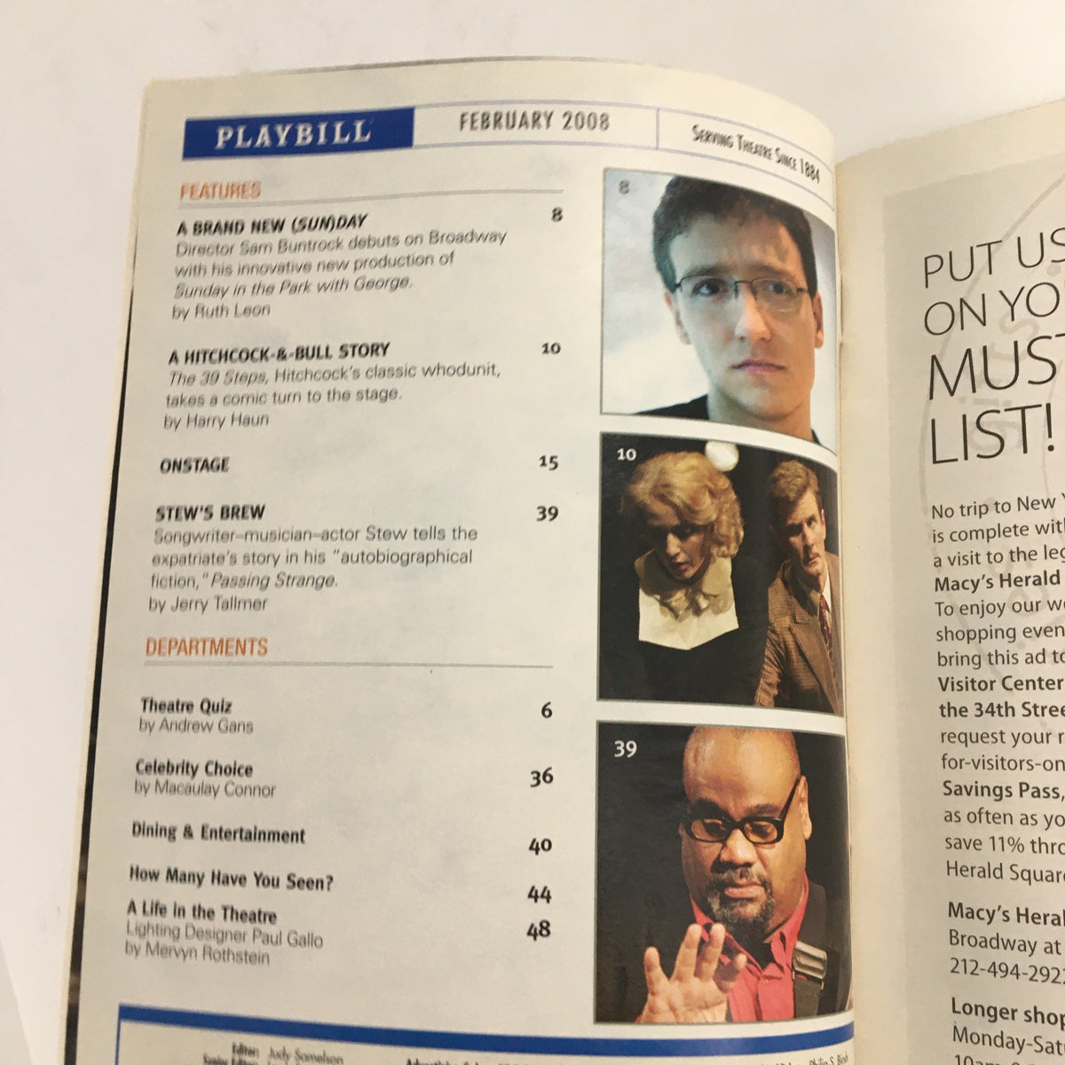 Inside of the February 2008 Playbill featuring articles and information related to 'Hunting and Gathering' at 59E59 Theaters, highlighting various acts and actors.
