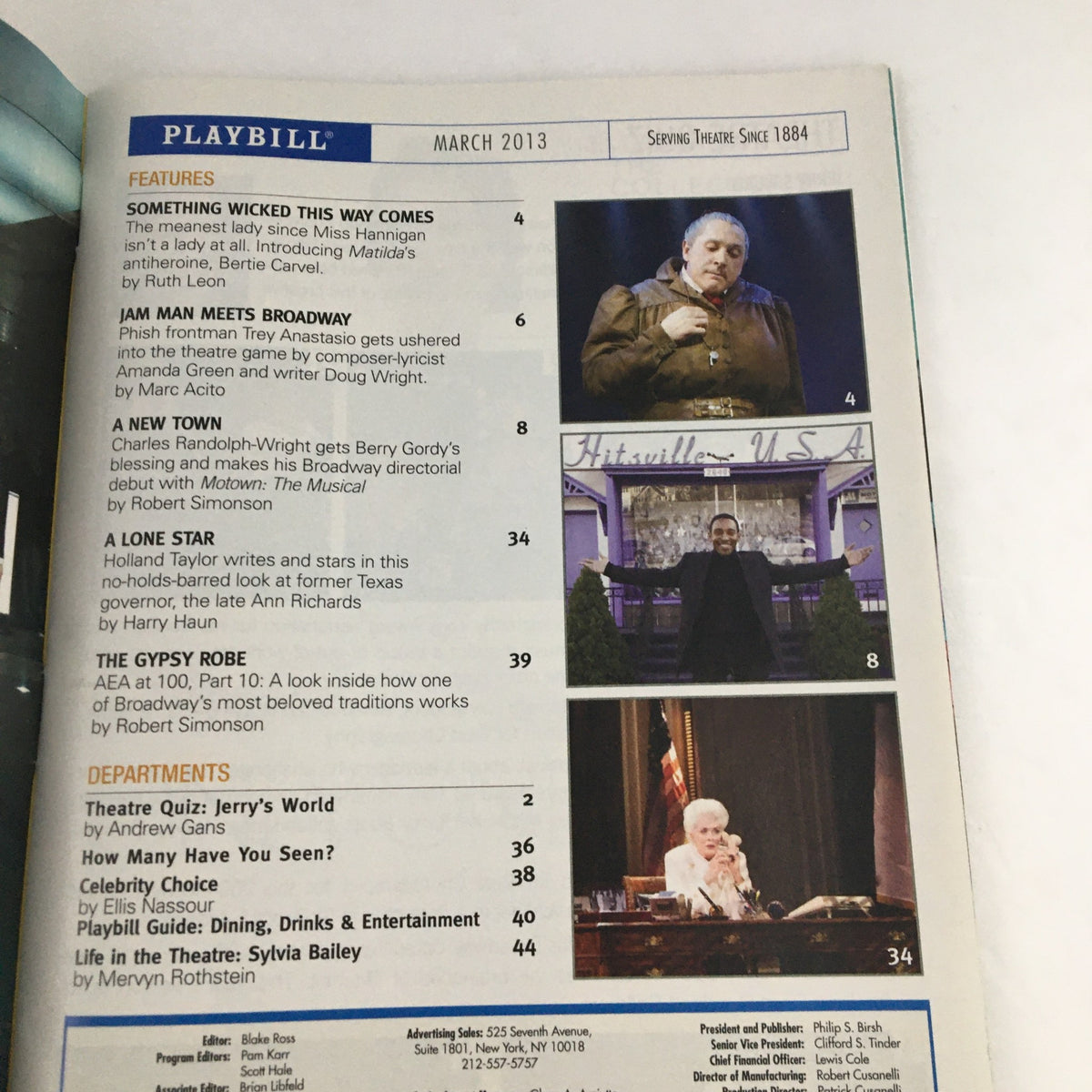 Inside page of the 2013 Playbill from Vivian Beaumont Theater 'Ann' showcasing features and articles about Broadway productions.