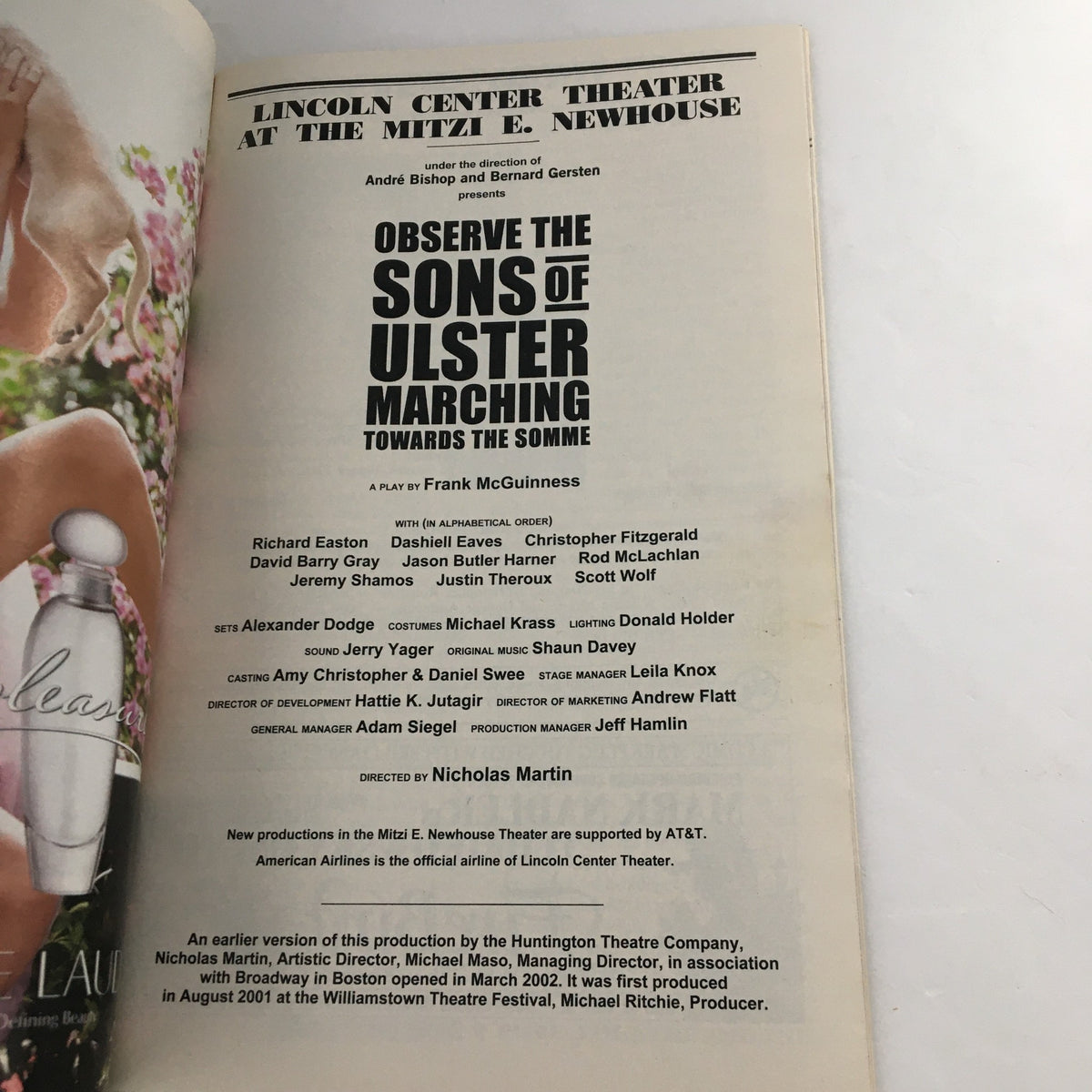Inside page of the 2003 Playbill for Observe The Sons of Ulster Marching Towards Somme, detailing the cast and crew of the production.