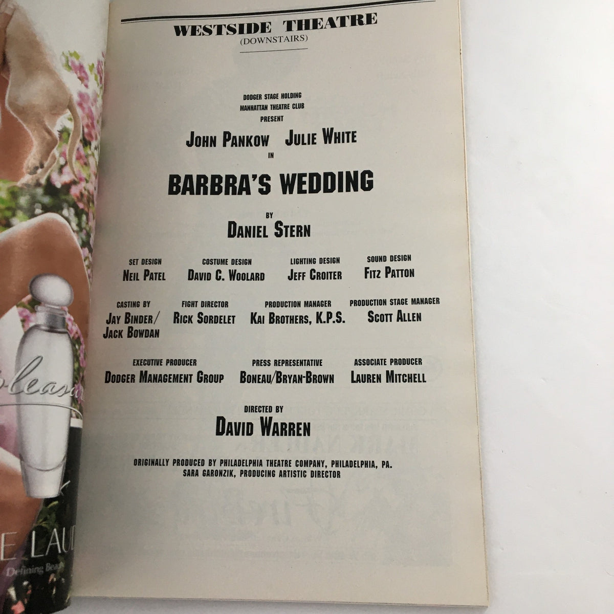Playbill page for 'Barbra's Wedding' featuring John Pankow and Julie White at Westside Theatre, listing cast and production credits.