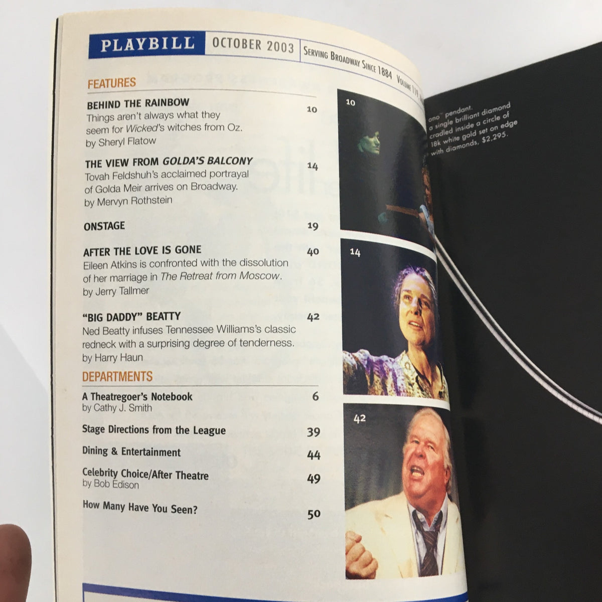 Inside page of the 2003 Playbill for 'Beckett/Albee' featuring articles, features, and details about the October 2003 edition with a focus on theater and performances.