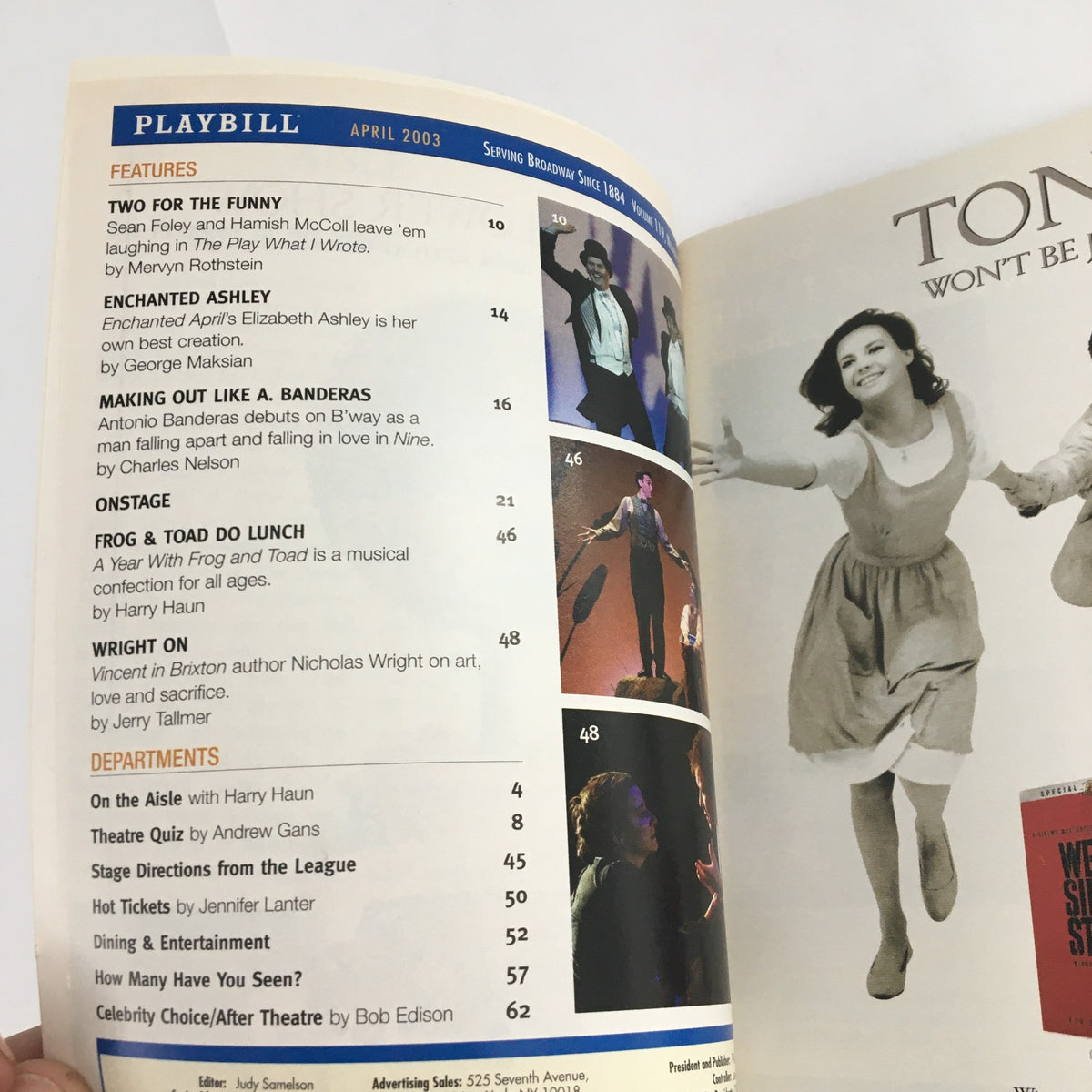 Inside pages of the April 2003 Playbill showcasing features from 'Take Me Out' and other Broadway productions.