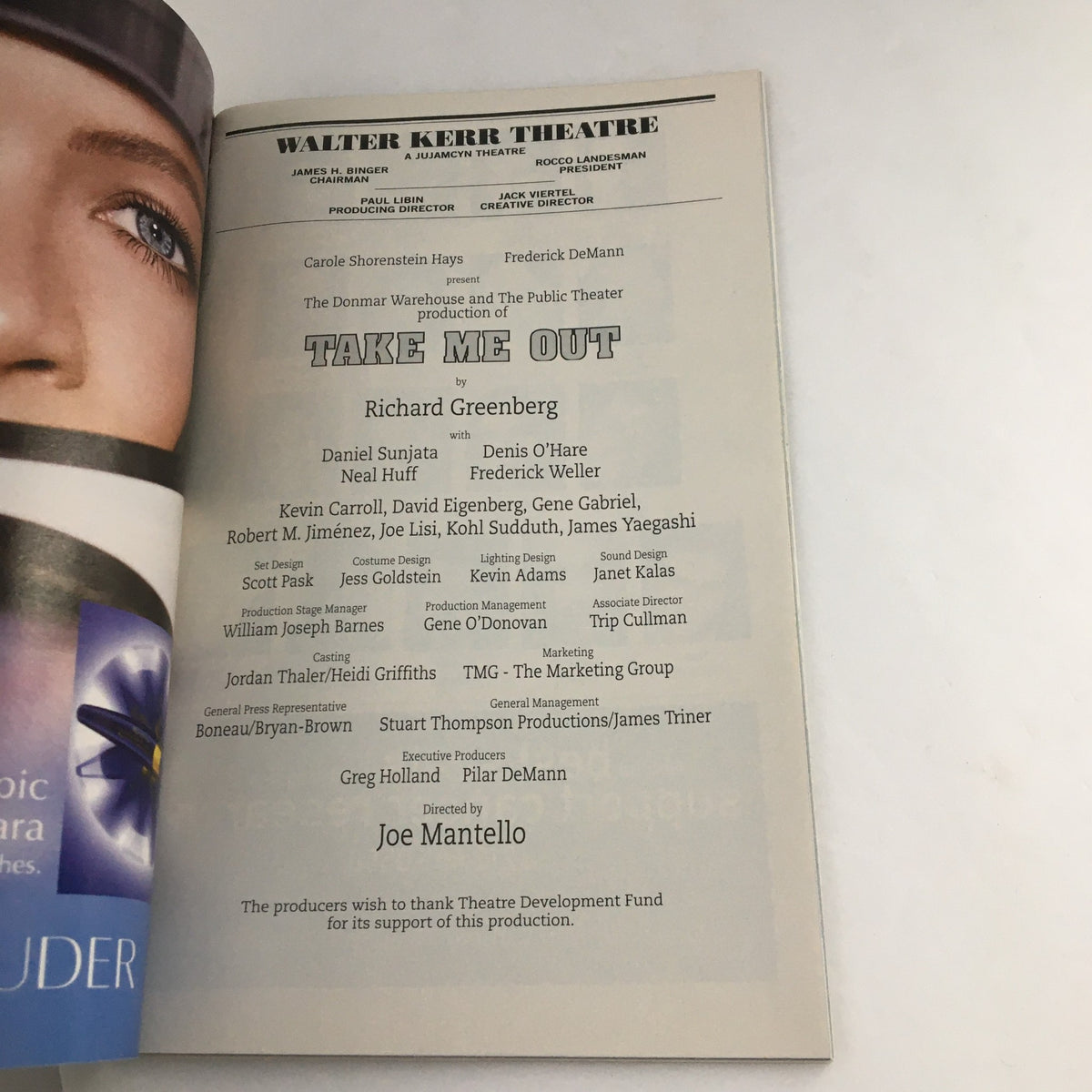 Credits page from the 2003 Playbill of 'Take Me Out' at Walter Kerr Theatre listing the cast and creative team.