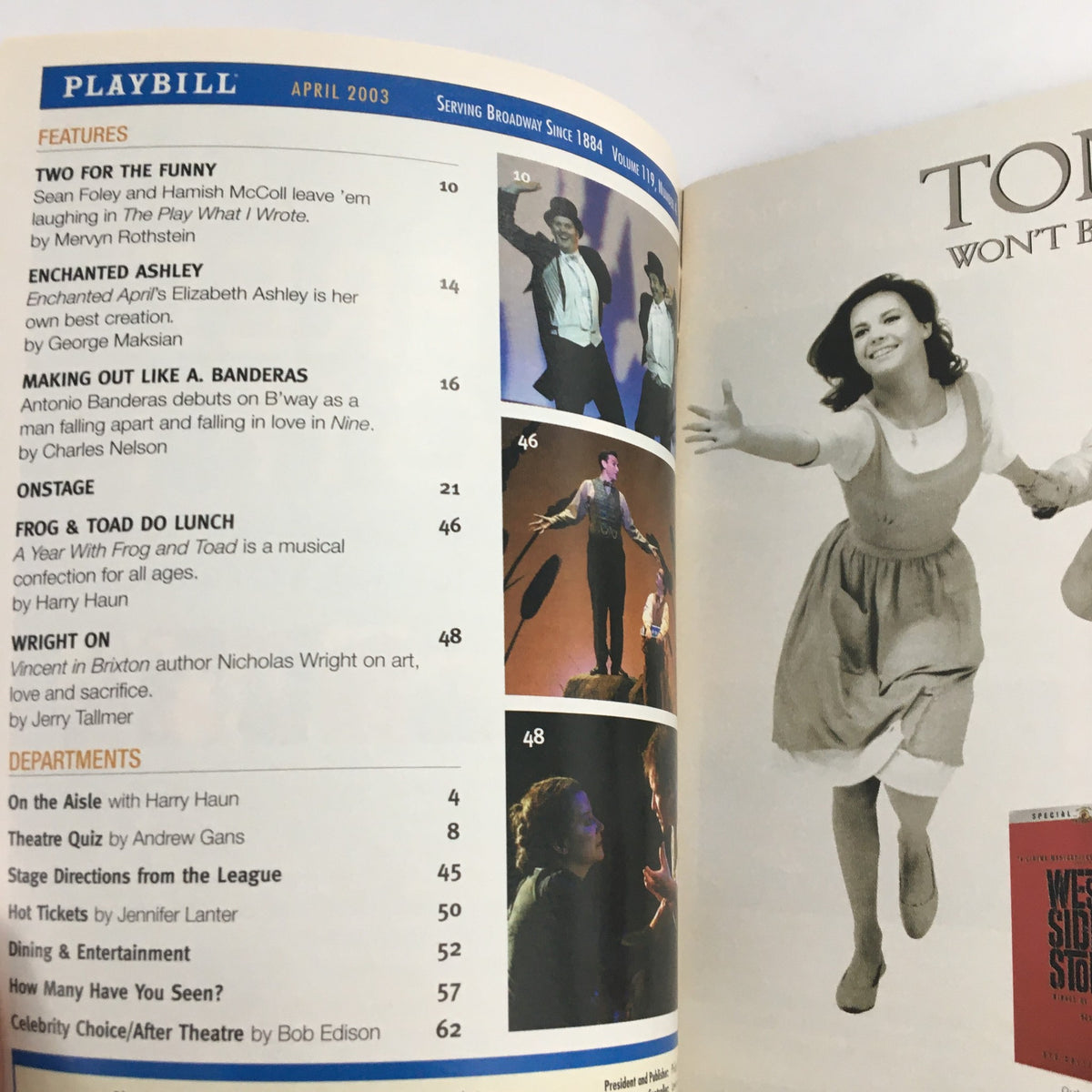 Inside page of the 2003 Playbill for 'Life x 3', showcasing features and highlights from the production, including articles and contributors.