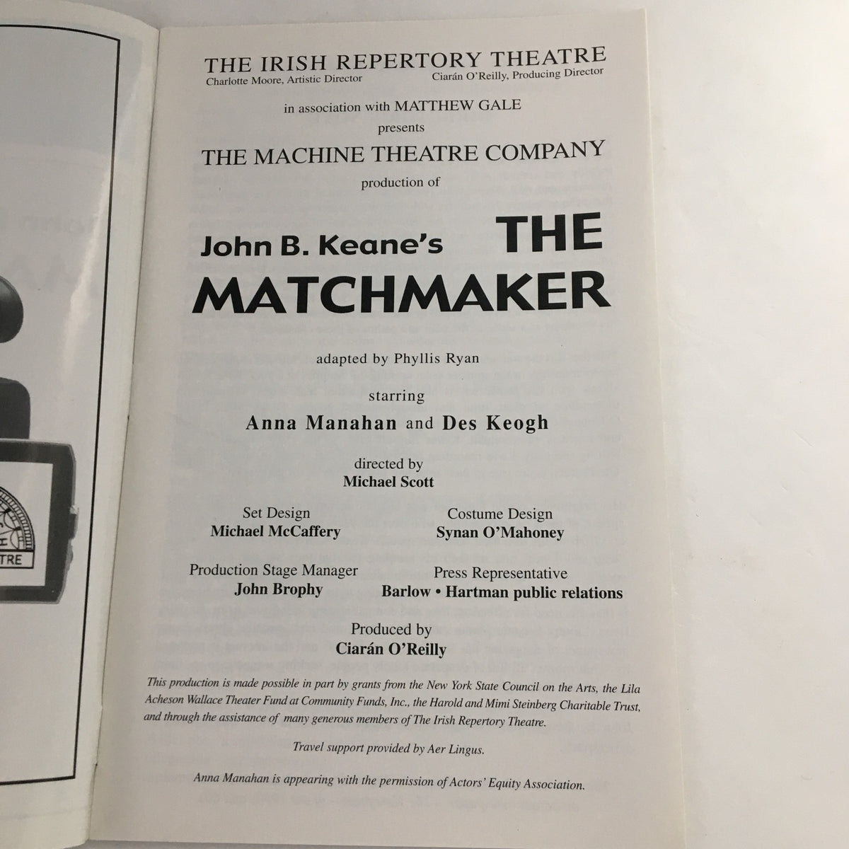 1997 Showbill for the Irish Repertory Theatre production of 'John B. Keane's The Matchmaker', featuring Anna Manahan and Des Keogh. This showbill highlights key details of the play including the adaptation by Phyllis Ryan and information about the cast and crew.