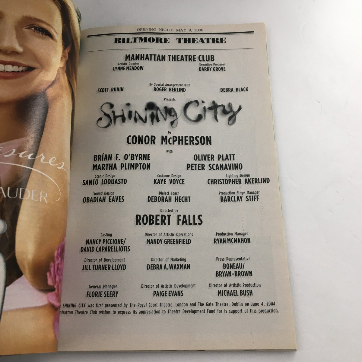 2006 Playbill for the Biltmore Theatre production of 'Shining City', featuring cast and creative team details including Conor McPherson, Robert Falls, and production highlights.