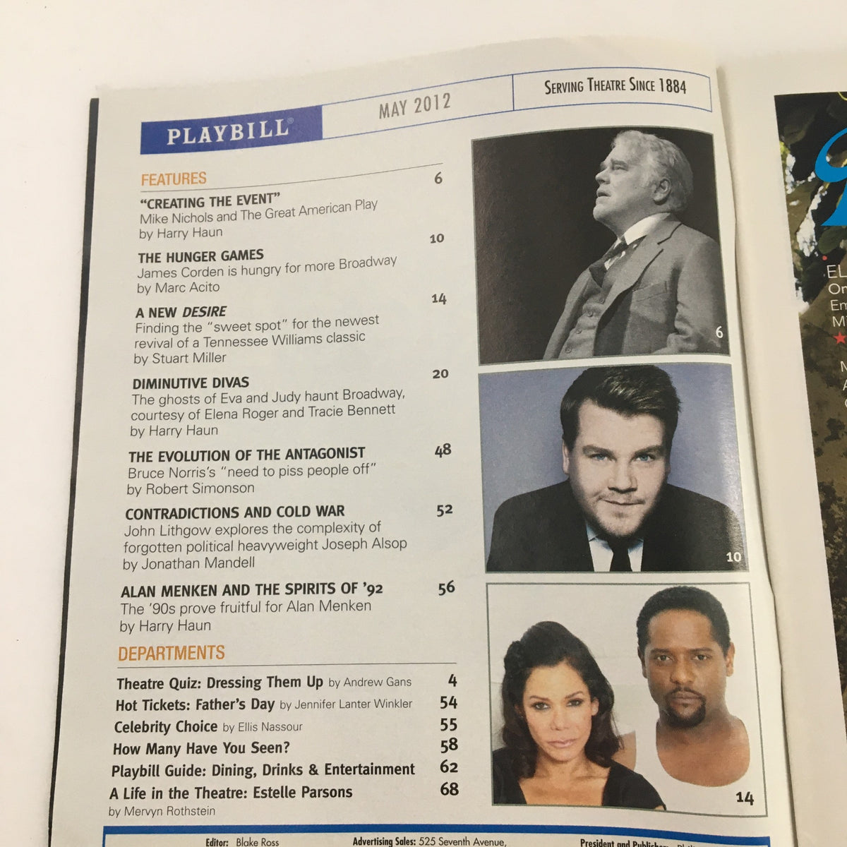 Inside page of the 2012 Playbill for 'Clybourne Park' showcasing various theater articles and features.