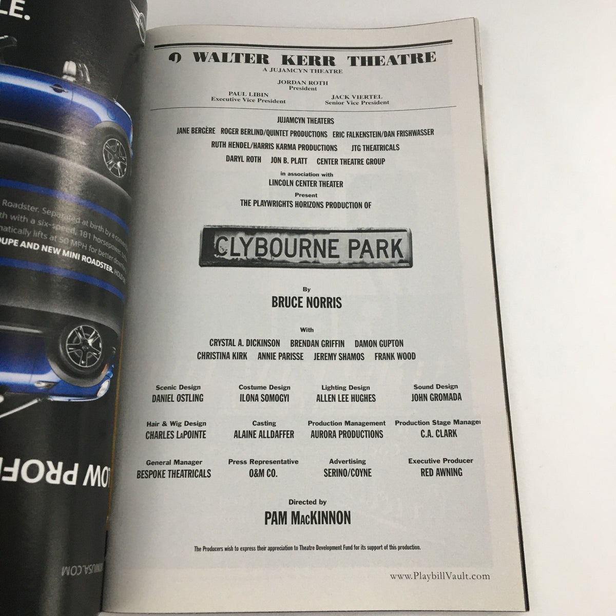 Cast list page from the 2012 Playbill for 'Clybourne Park' presented at Walter Kerr Theatre.