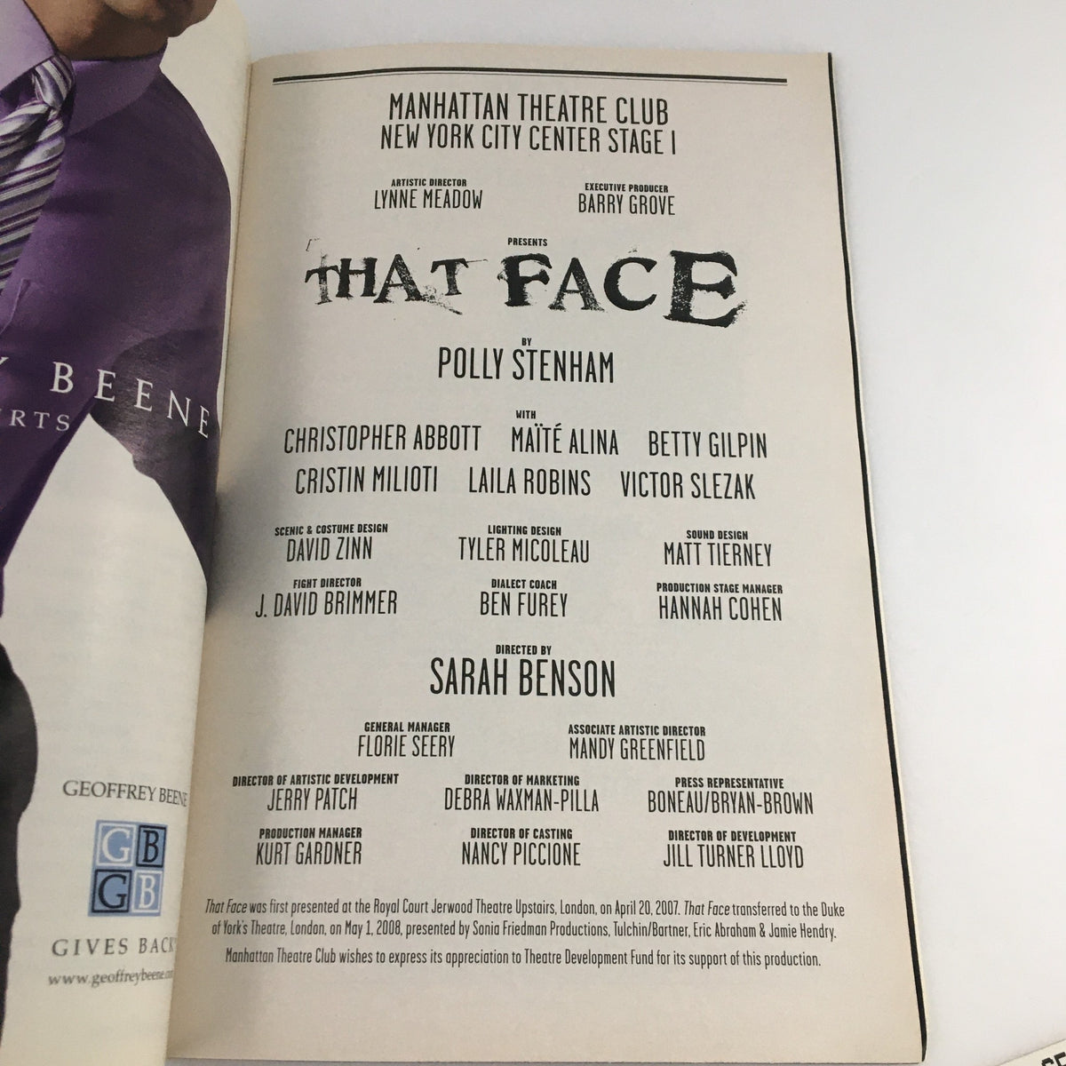 2010 Playbill for 'That Face' at NY City Center Stage I featuring cast members including Christopher Abbott and Betty Gilpin. The Playbill includes the Manhattan Theatre Club presentation details.