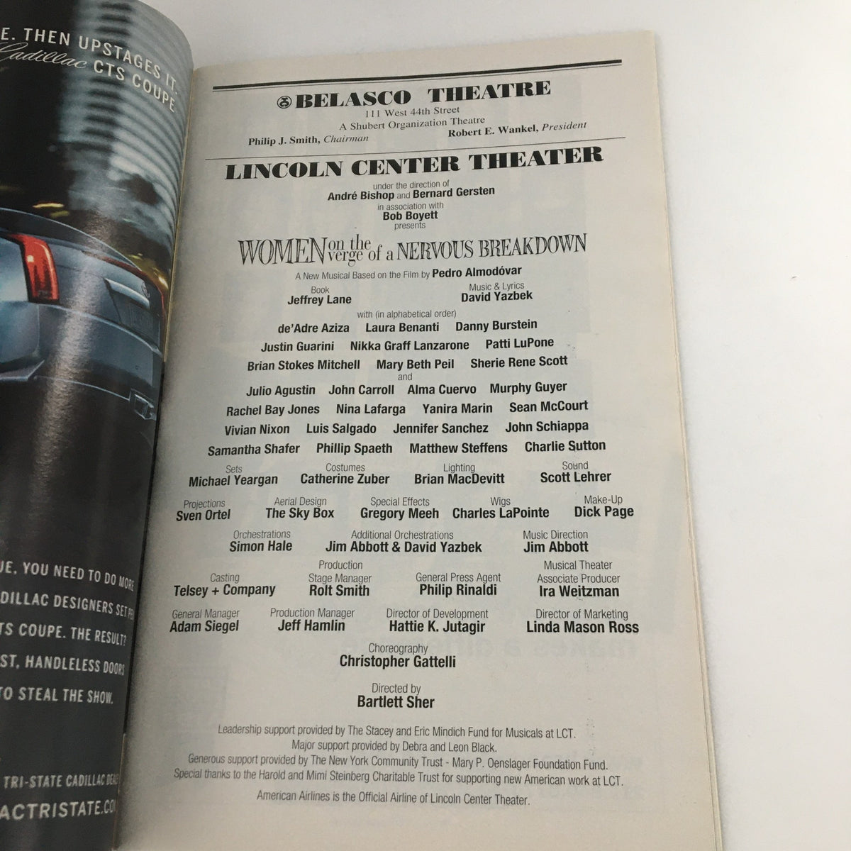 Cast and crew list page from the 2010 Playbill 'Women on the Verge of a Nervous Breakdown,' highlighting the production team and performers.