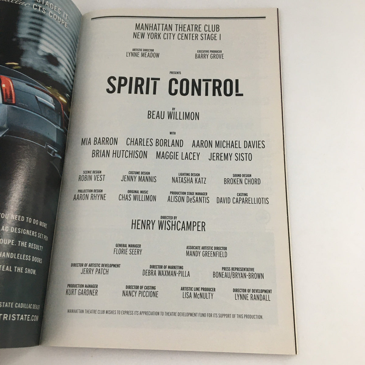 Cast and production credits for 'Spirit Control' in the 2010 Playbill from NY City Center Stage I, featuring Mia Barron and Jeremy Sisto.