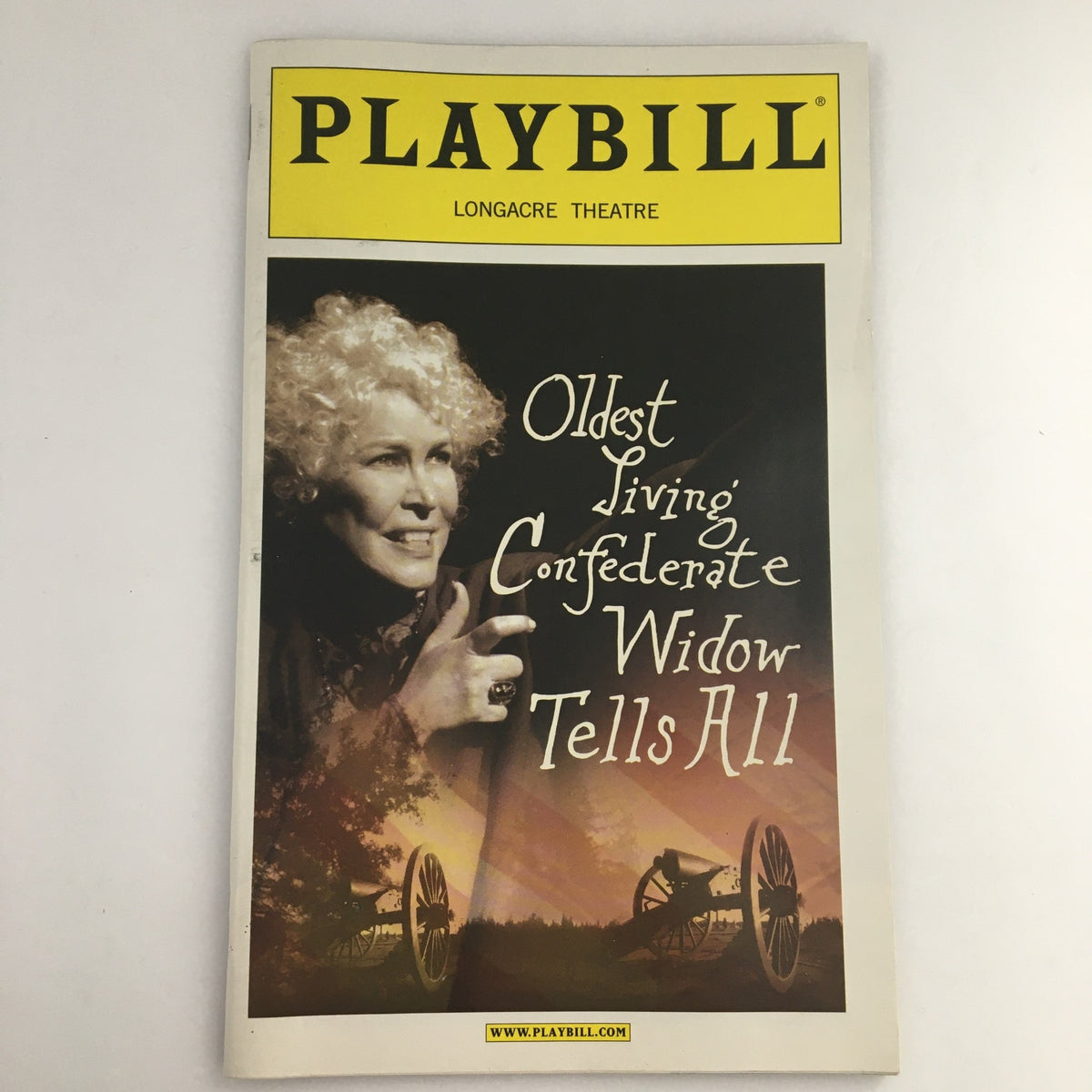 2003 Playbill for 'Oldest Living Confederate Widow Tells All' at Longacre Theatre featuring a prominent image of a white-haired woman over a backdrop of Southern historical imagery.