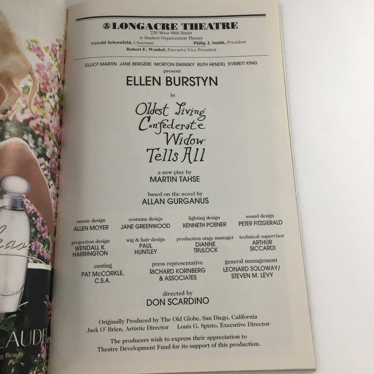 Cast and production credits of 'Oldest Living Confederate Widow Tells All' in the 2003 Playbill at Longacre Theatre, showcasing details about the play and its creative team.