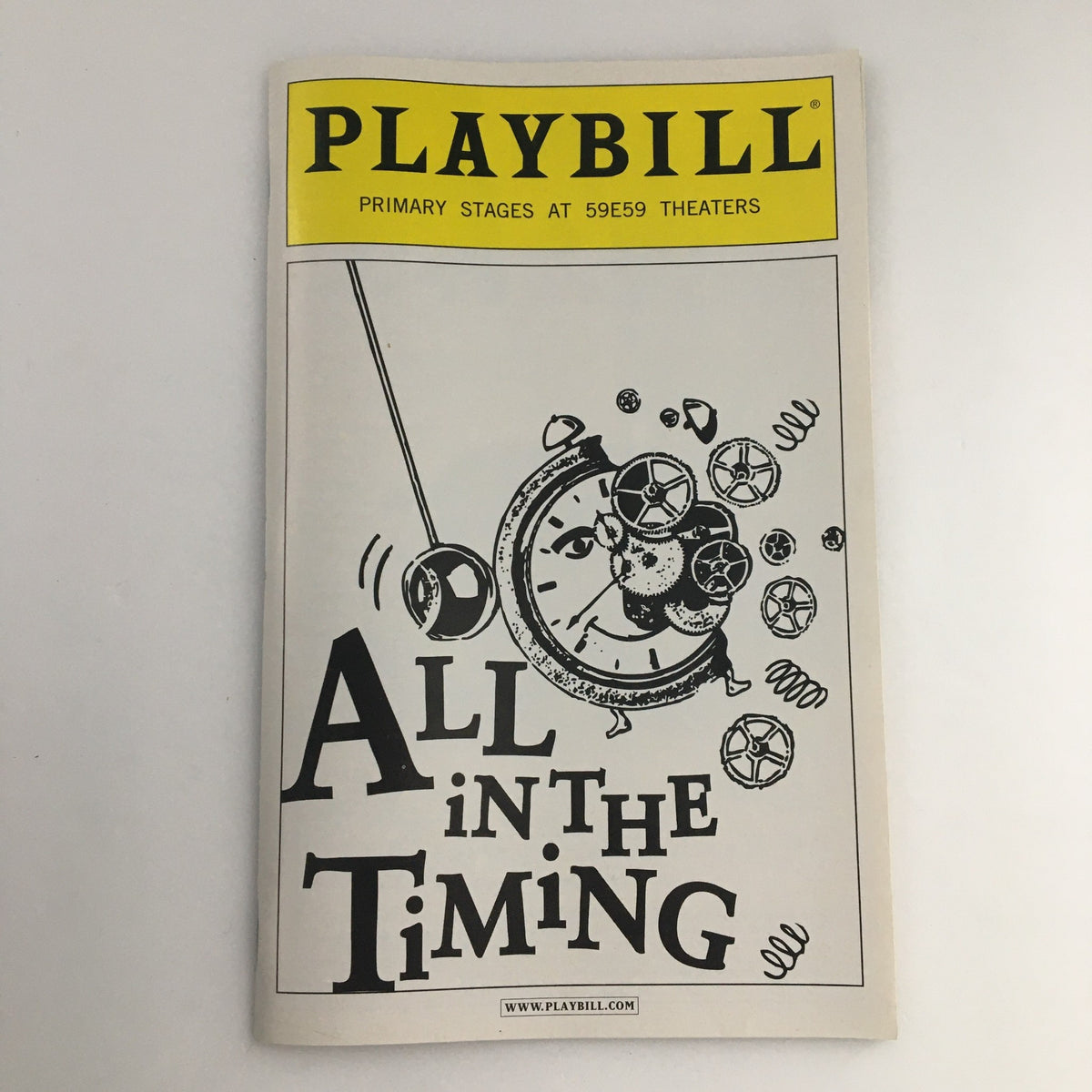 2013 Playbill from Primary Stages production 'All In The Timing' featuring a vintage clock and artistic design on the cover.