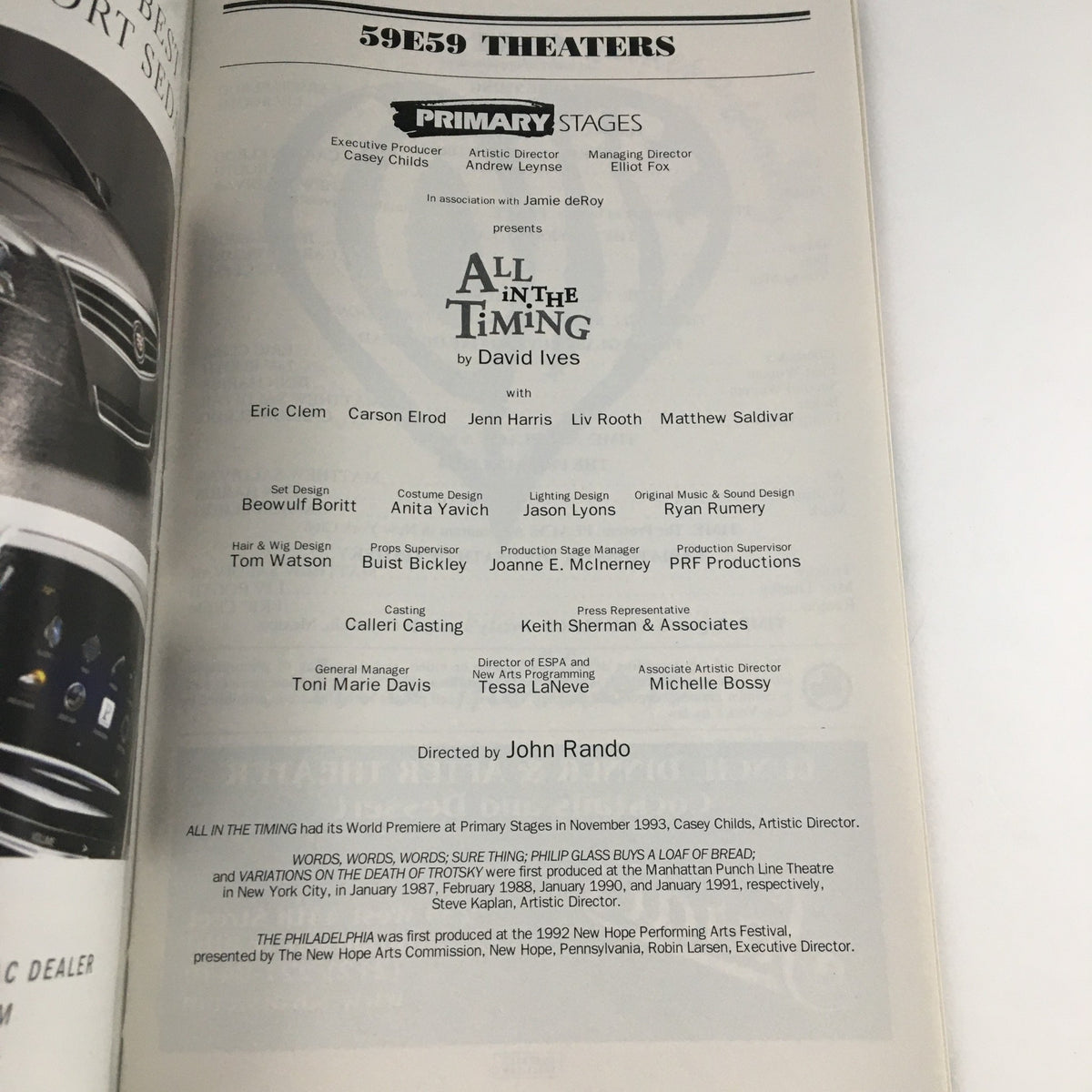 Credits page of the 2013 Playbill for 'All In The Timing', detailing the creative team and cast, including Eric Clem and Carson Elrod.