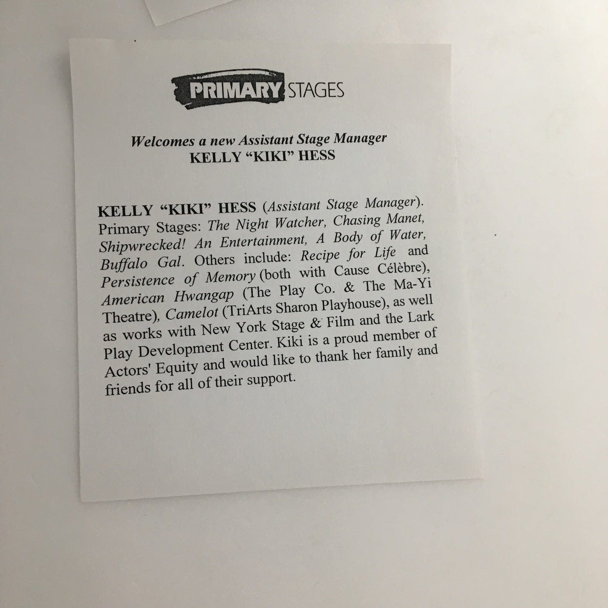 Informative paper from the 2010 Playbill for 'Happy Now?' welcoming new Assistant Stage Manager Kelly 'Kiki' Hess, highlighting her previous works.