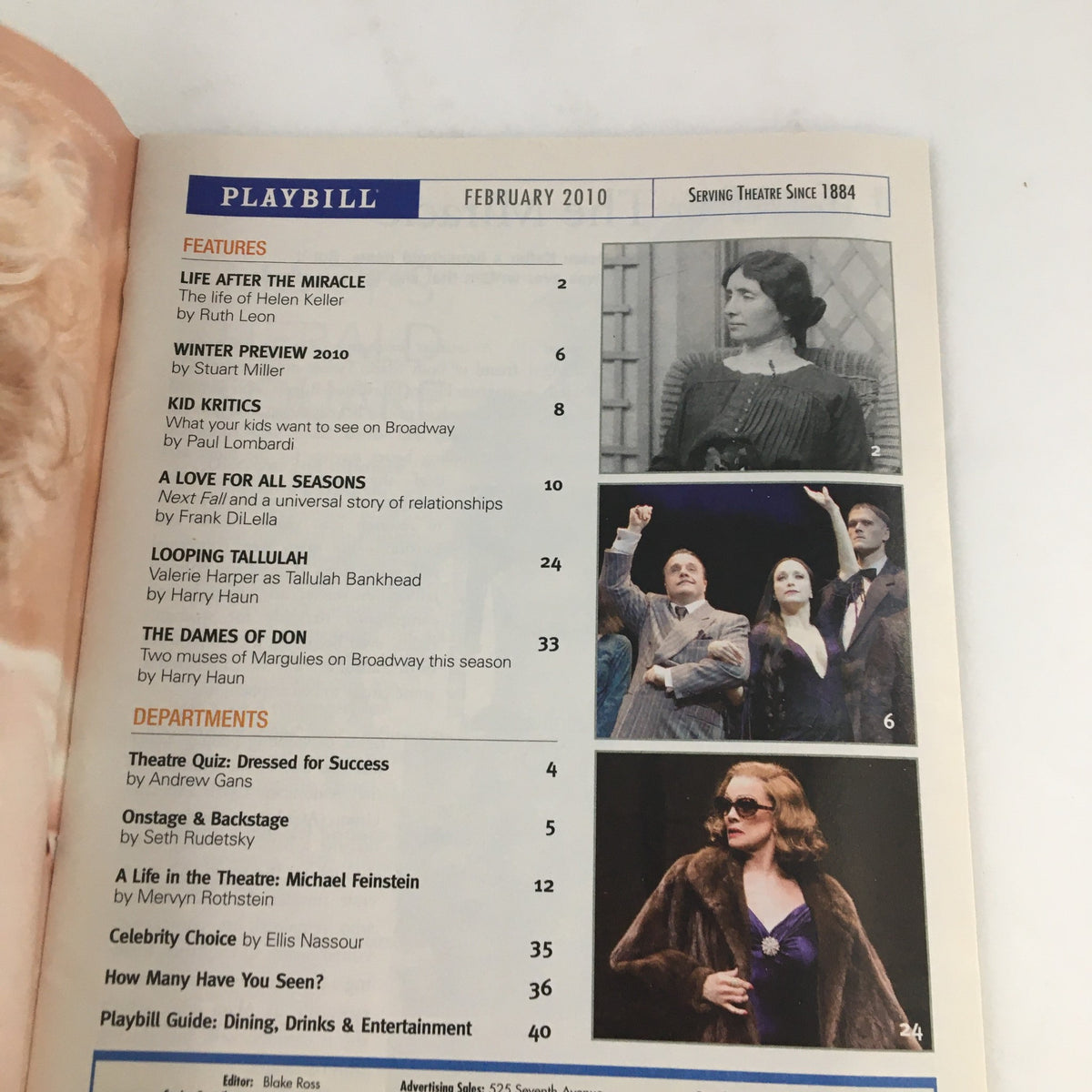 The cover of the February 2010 Playbill, showcasing various productions including 'Life After the Miracle' and 'Looping Tallulah', from Primary Stages.