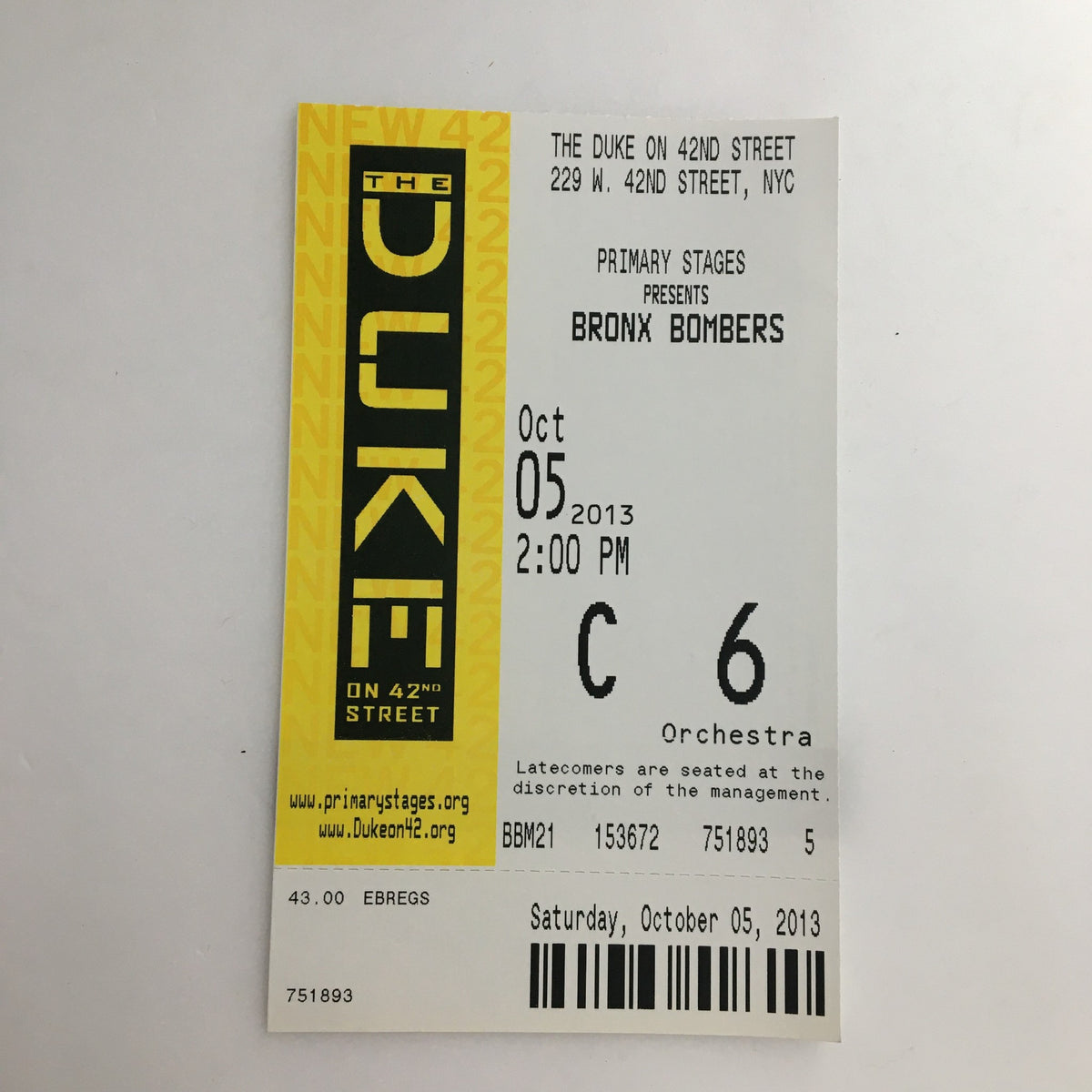 Ticket for 'Bronx Bombers' dated October 5, 2013, at The Duke on 42nd Street.