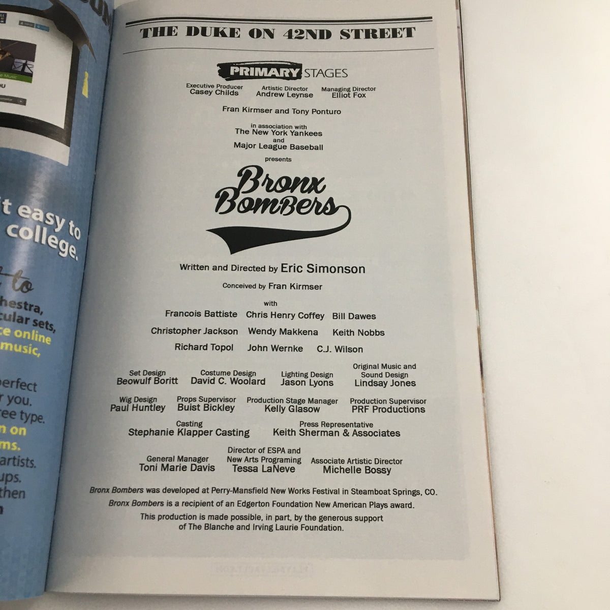 Credits page of the 2013 Playbill for 'Bronx Bombers', listing the creative team and cast information.