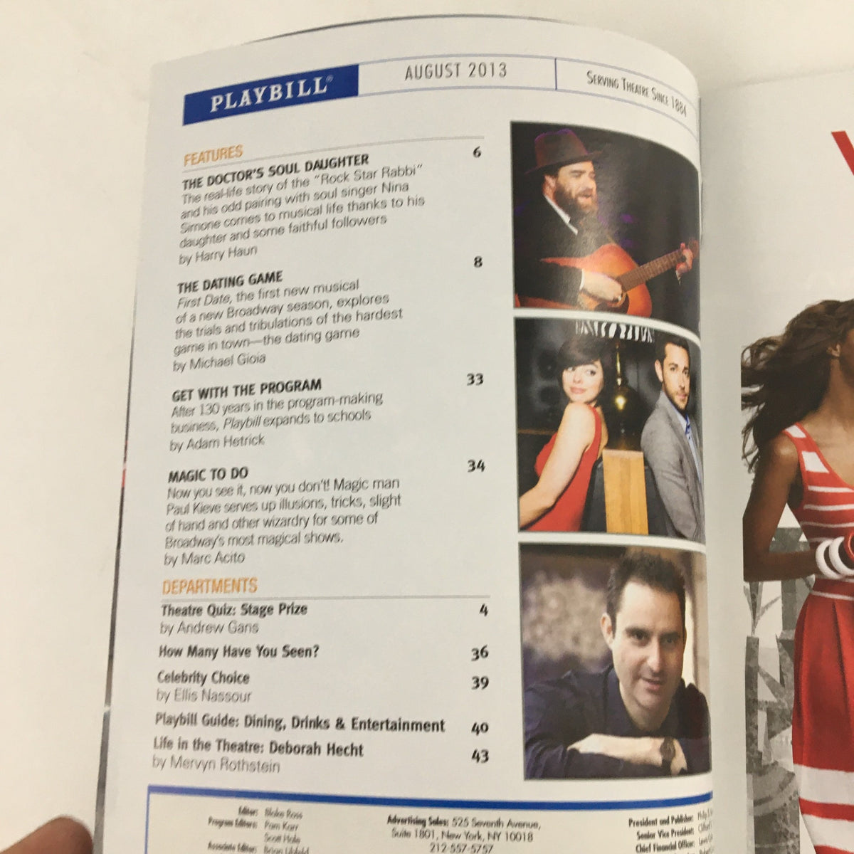 Inside spread of the August 2013 Playbill showing features and articles related to theater performances.