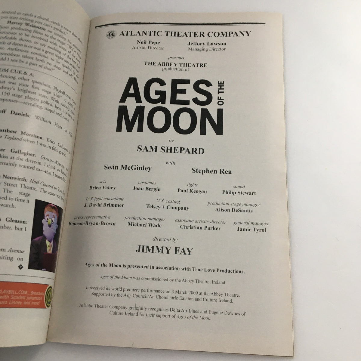 2010 Playbill from Atlantic Theater Company showcasing 'Ages of the Moon' by Sam Shepard, highlighting the production details and cast including Seán McGinley and Stephen Rea.