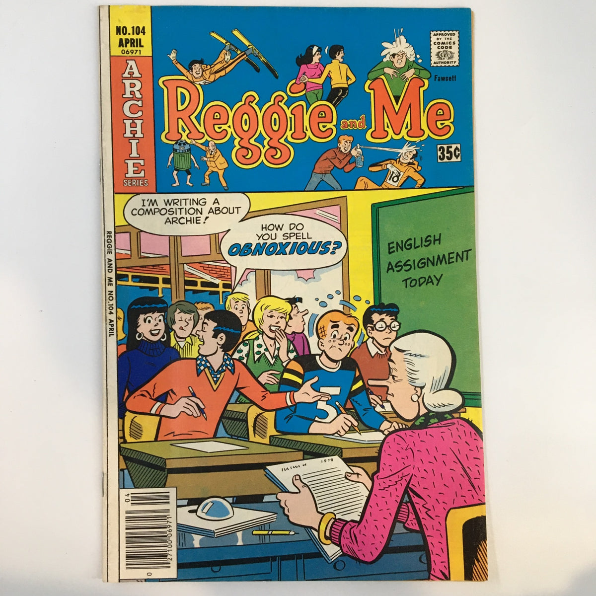 Cover of Archie Series April 1975 Reggie and Me No. 104 comic magazine featuring colorful illustrations and classic characters in a classroom setting.