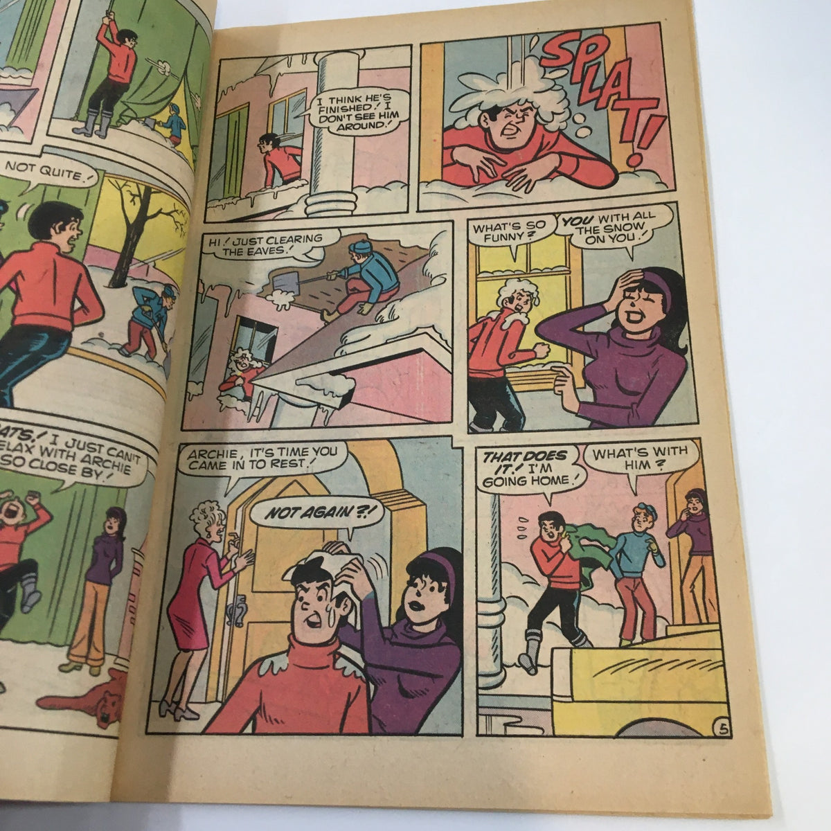 Another interior page from Archie Series April 1975 Reggie and Me No. 104 comic featuring a funny interaction among characters with snow-themed antics.