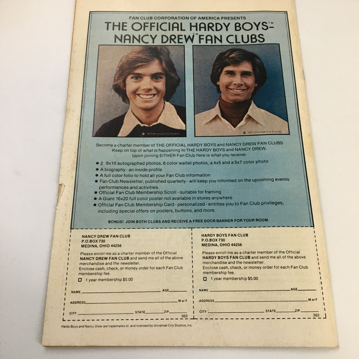 Back cover of Archie Series April 1975 Reggie and Me No. 104 comic featuring a fan club advertisement for The Hardy Boys and Nancy Drew.