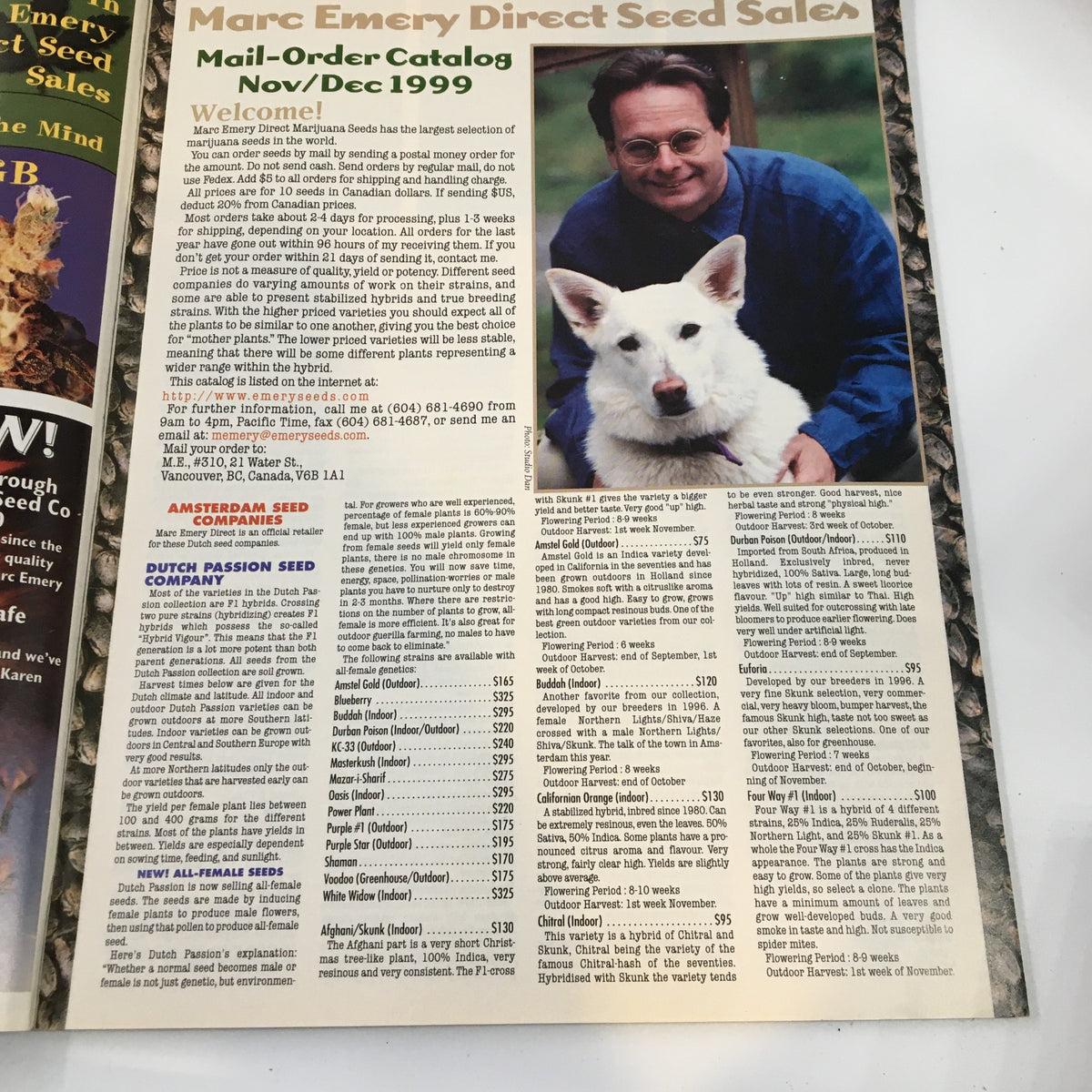 Mail-order seed catalog page from Cannabis Culture Magazine November 1999 showcasing Marc Emery Direct Seed Sales with details on various cannabis seeds.