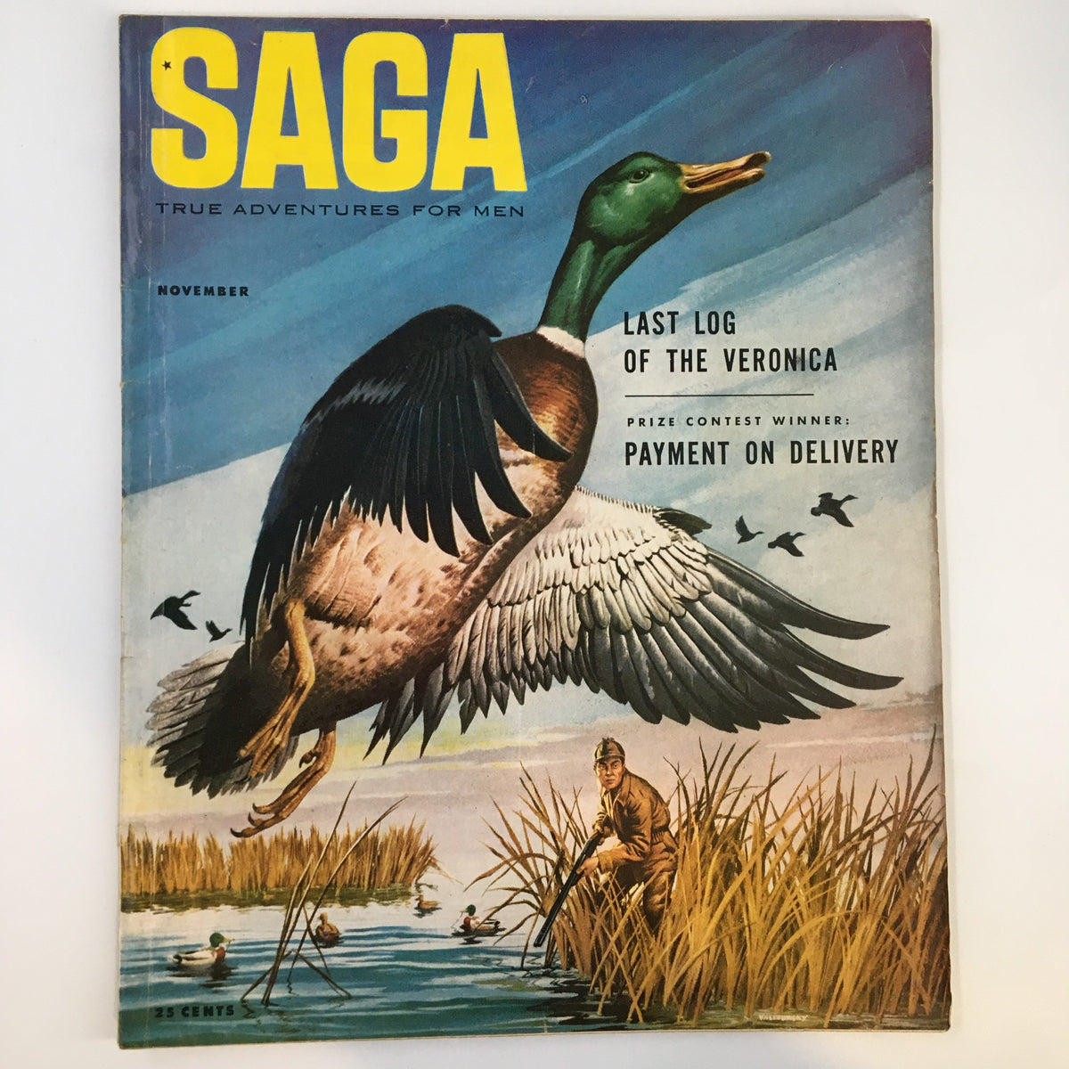 Cover of VTG Saga Magazine November 1953 Vol. 7 No. 2 featuring a duck in flight, a hunter in the foreground, and the article title 'Payment on Delivery.'