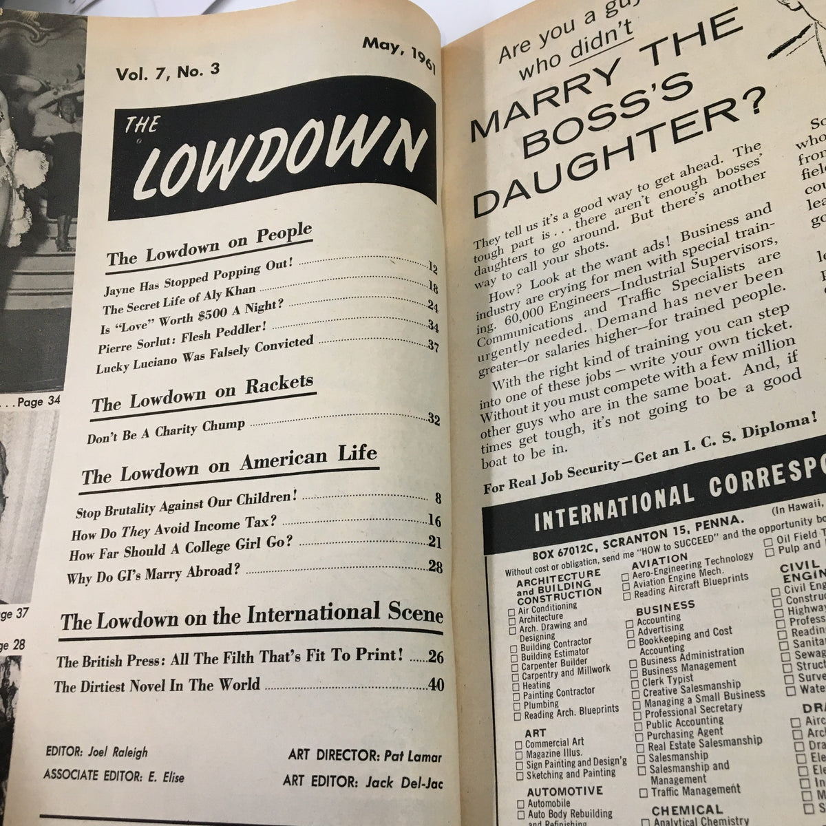 Inside page of VTG The Lowdown Magazine May 1961 showing the table of contents and article titles including The Secret Life of Aly Khan.