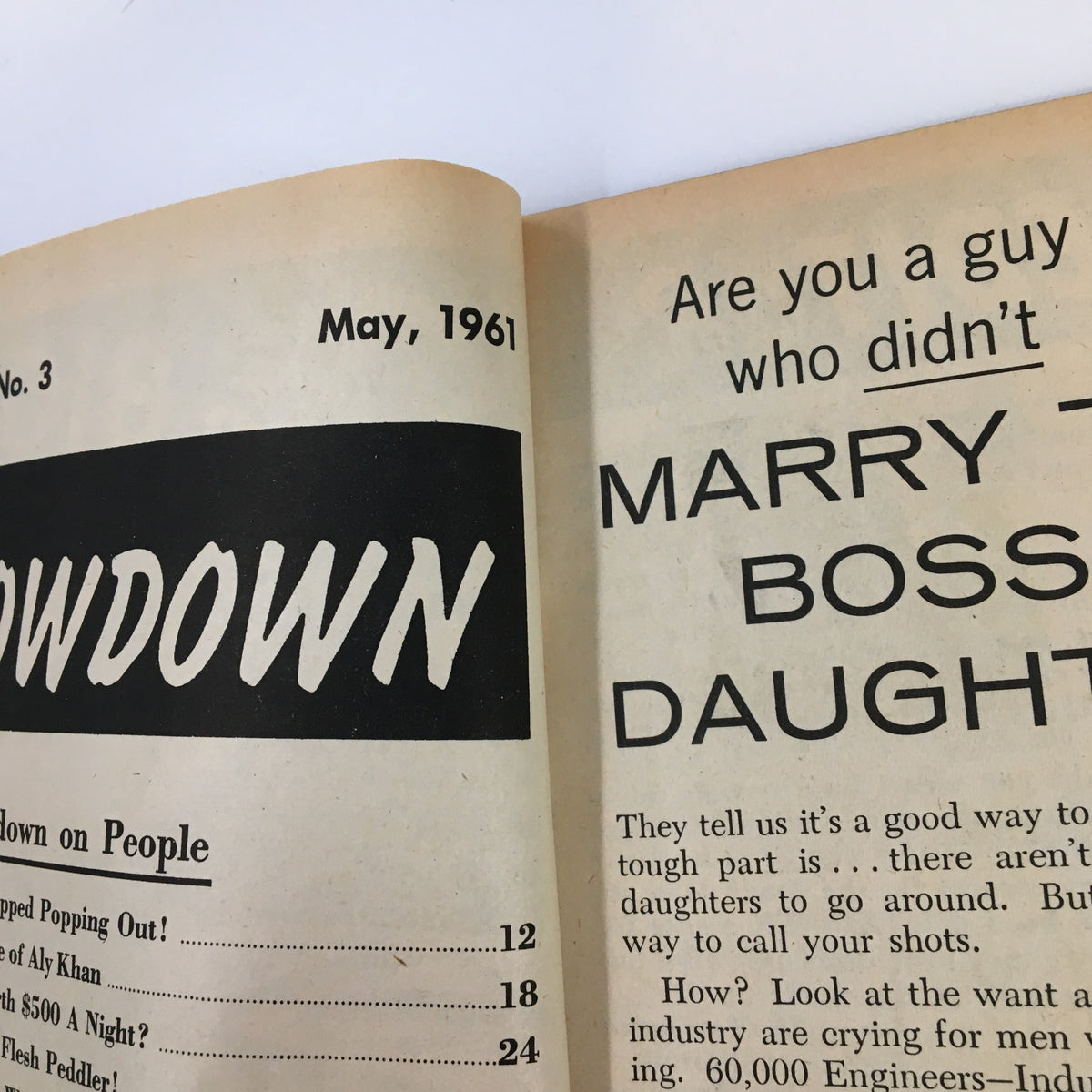 Another inside view of VTG The Lowdown Magazine May 1961 highlighting sections like The Lowdown on People and an article titled Marry the Boss's Daughter.