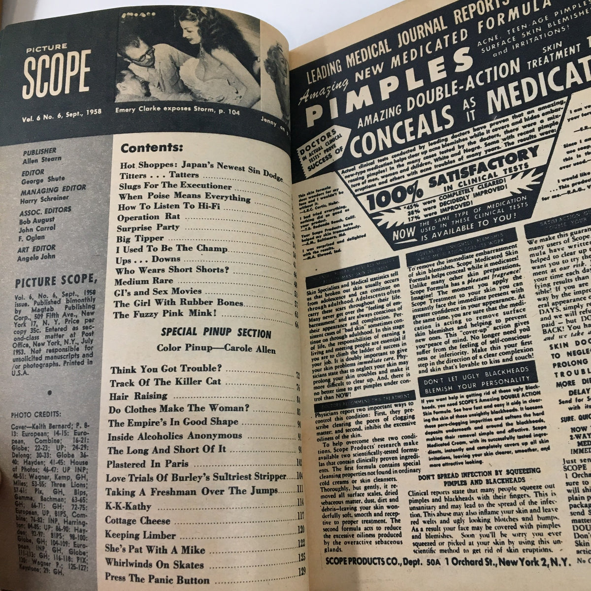 Interior page of the VTG Picture Scope Magazine September 1958 featuring the table of contents and advertisements, highlighting articles and the special pinup section.