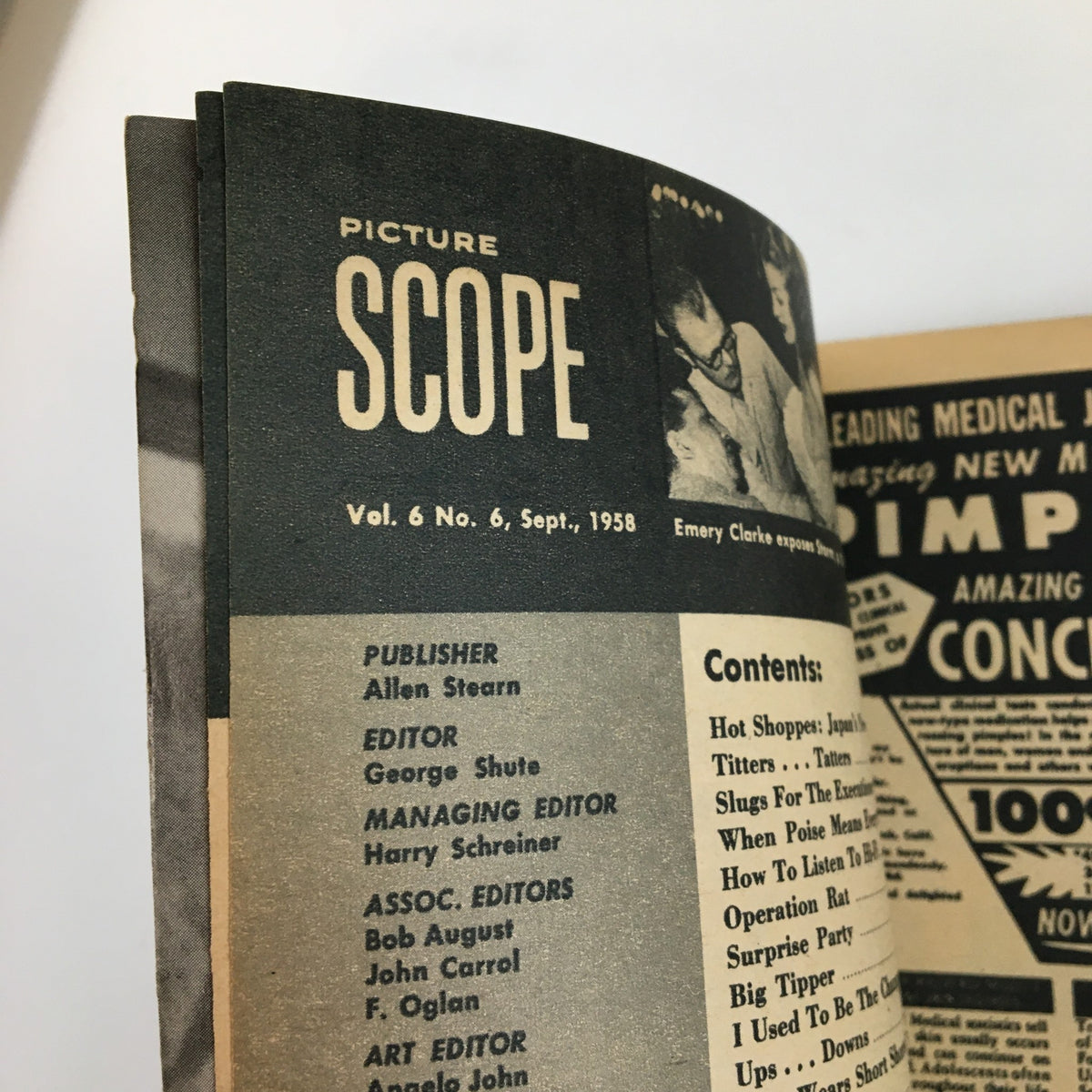 Close-up of the VTG Picture Scope Magazine September 1958 showing the publication details and contents list, emphasizing the magazine's vintage character.