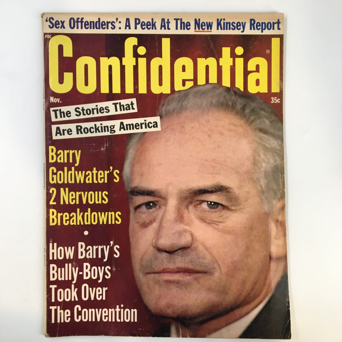 Cover of VTG Confidential Magazine November 1964 featuring a headline about Barry Goldwater's two nervous breakdowns and other intriguing stories from the era.