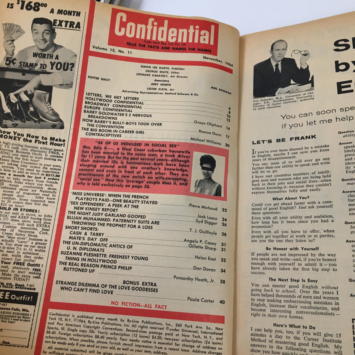 Interior page of VTG Confidential Magazine November 1964 showcasing the table of contents, including articles on Barry Goldwater, societal issues, and popular culture of the 1960s.