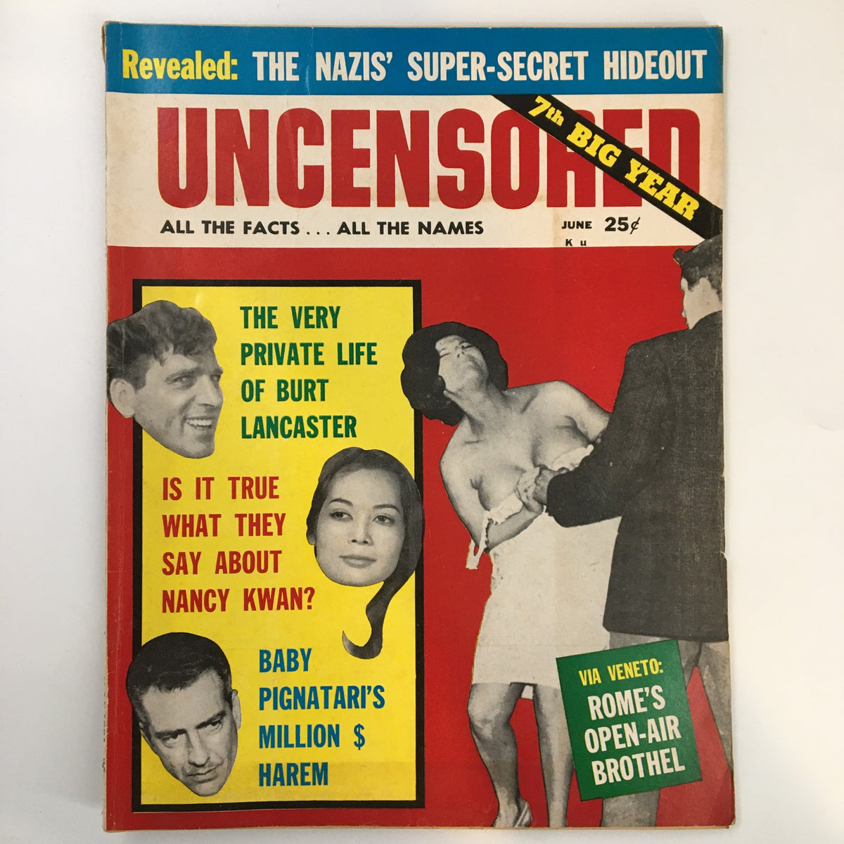 VTG Uncensored Magazine June 1961 featuring Burt Lancaster on the cover, highlighting articles about his private life and other notable topics. Perfect for vintage magazine collectors and classic Hollywood enthusiasts.