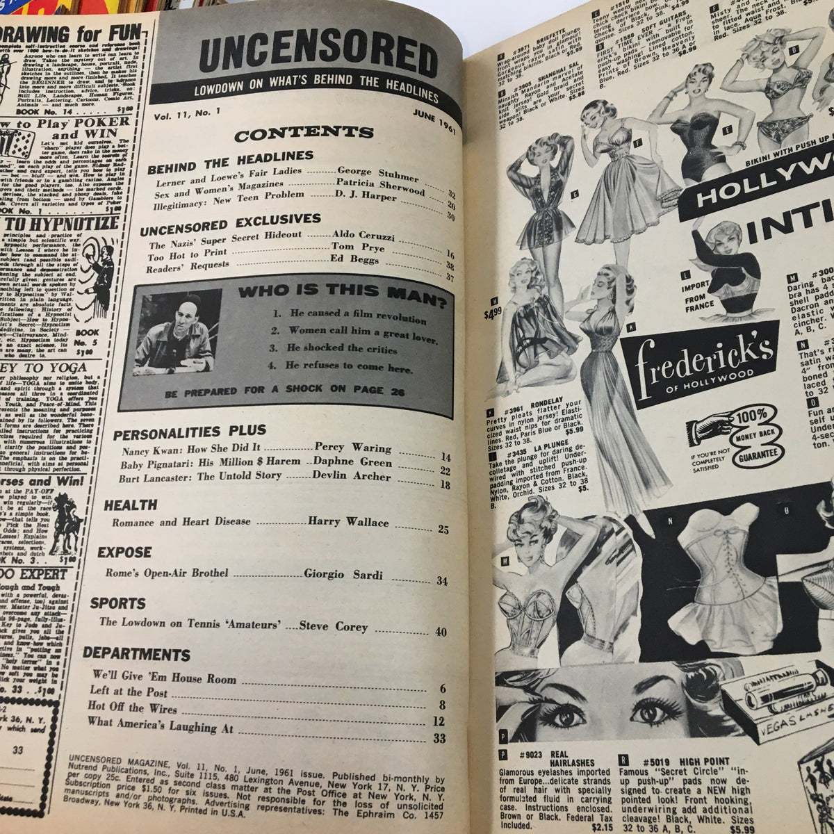 Inside page of VTG Uncensored Magazine June 1961 displaying contents and articles including features on Burt Lancaster and other captivating topics.