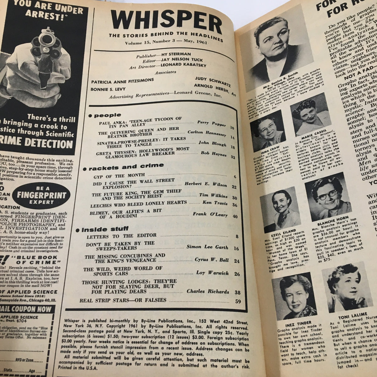 Interior page of VTG Whisper Magazine May 1961 featuring various articles and images, showcasing celebrity profiles including Elvis Presley and Juliet Prowse.