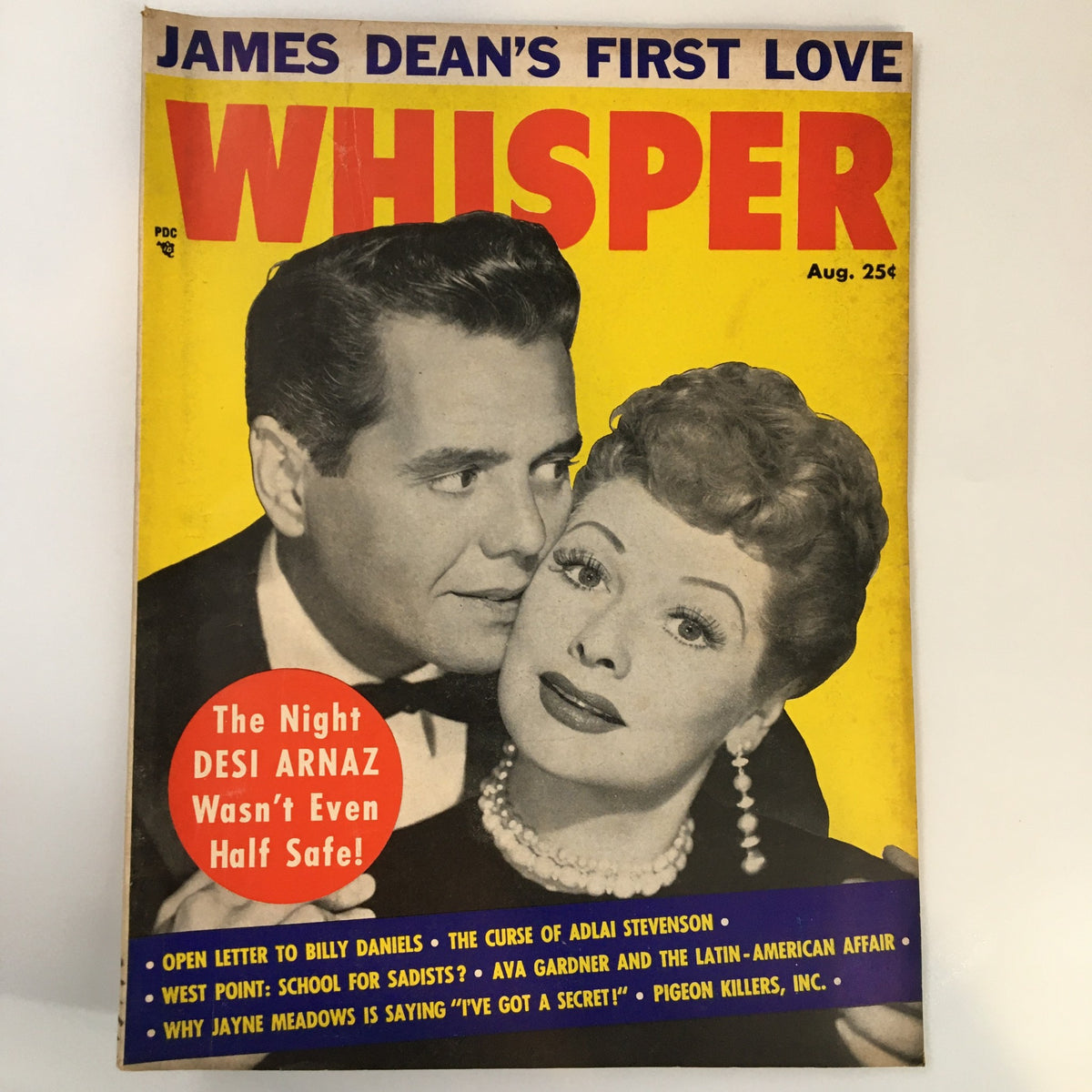 Vintage Whisper Magazine cover from August 1956 featuring the headline 'James Dean's First Love' with bold yellow and red typography and a striking image of two actors.