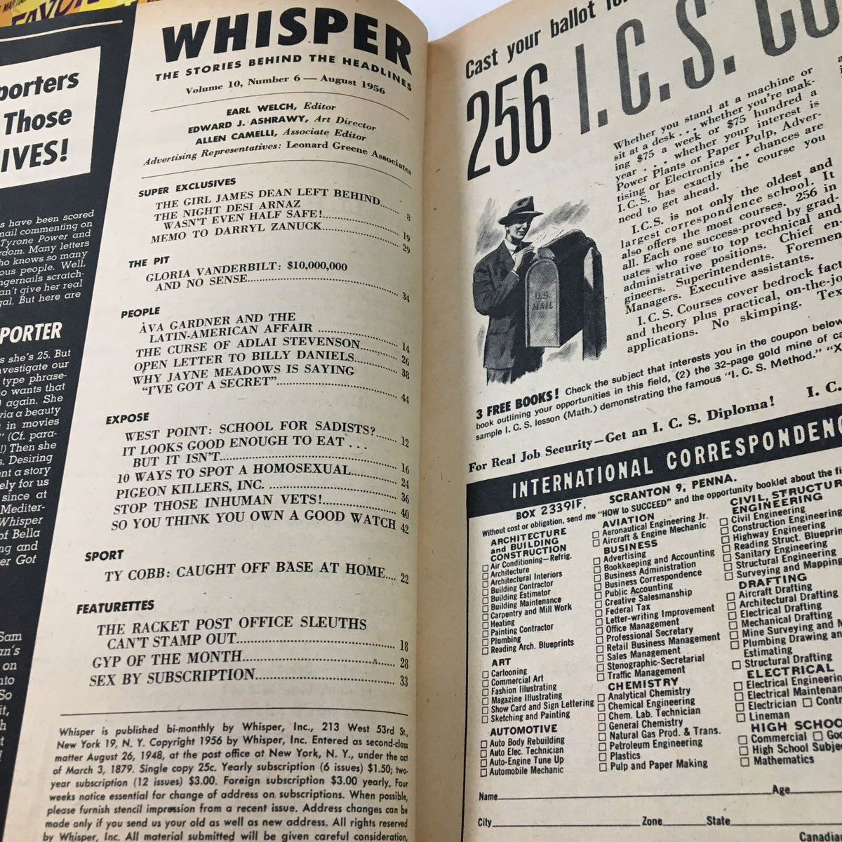 Interior page of the August 1956 Whisper Magazine, highlighting articles including 'James Dean Left Behind' and featuring a classic black-and-white design with text and illustrations.