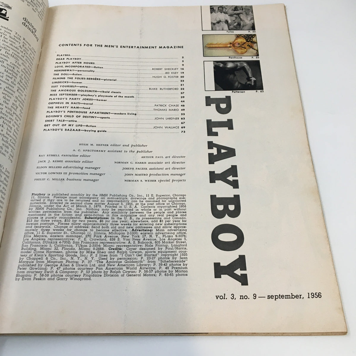 Contents page of VTG Playboy Magazine September 1956 outlining articles and features.